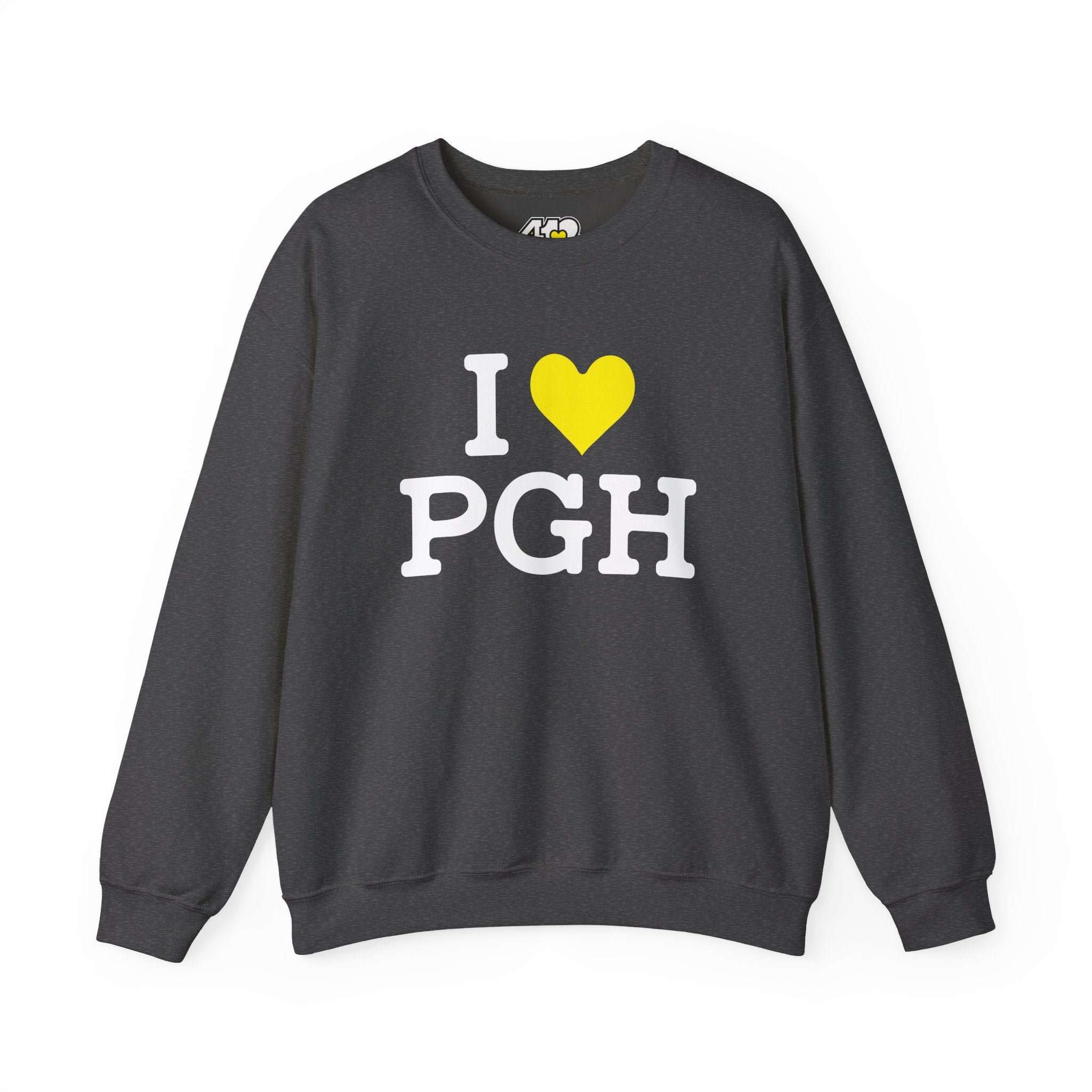 I Heart PGH Crewneck. Apparel Color: Dark Heather. A blend of 50% cotton and 50% polyester for cozy durability. With an Elastic ribbed collar, and Double-needle stitching.