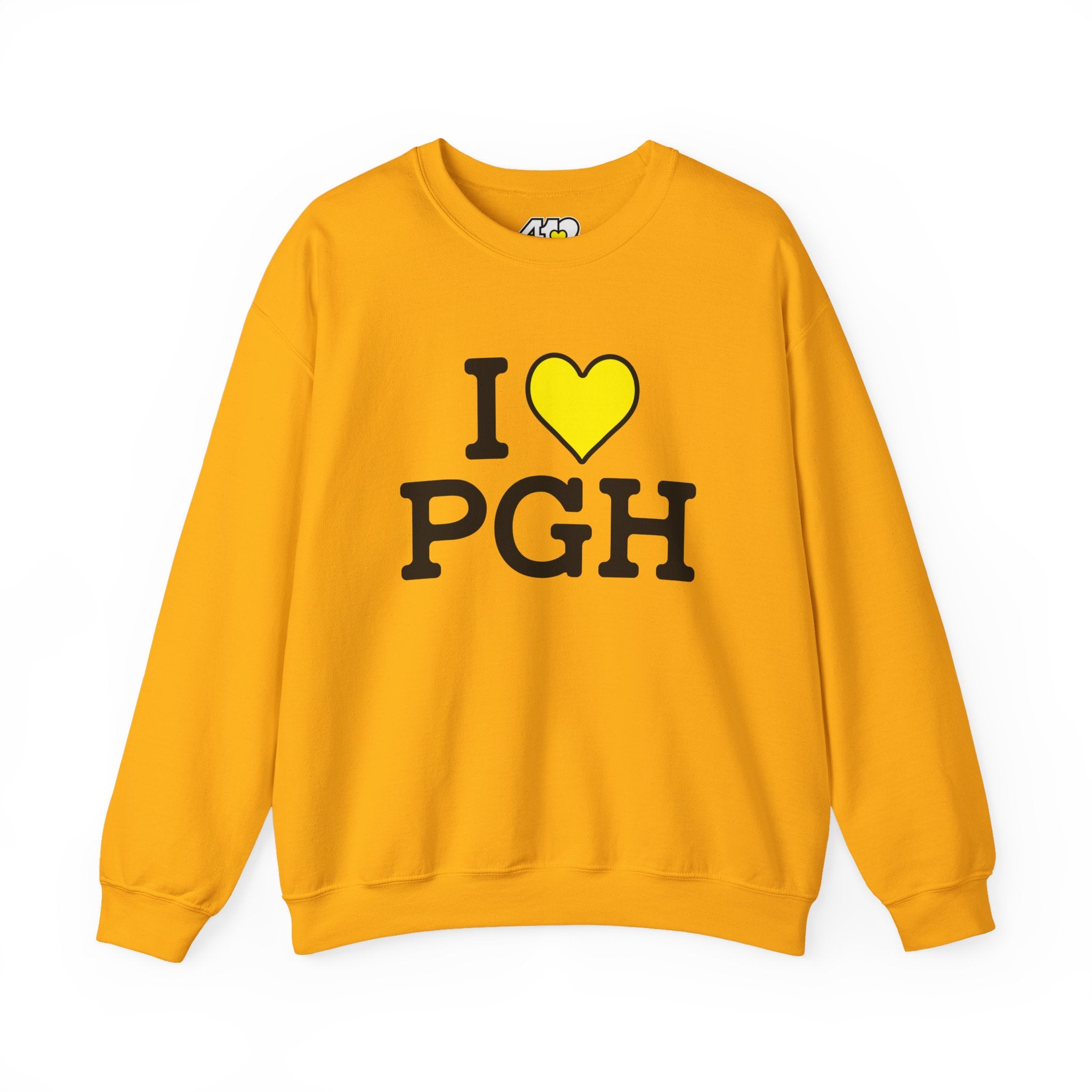 I Heart PGH Crewneck. Apparel Color: Gold. A blend of 50% cotton and 50% polyester for cozy durability. With an Elastic ribbed collar, and Double-needle stitching.