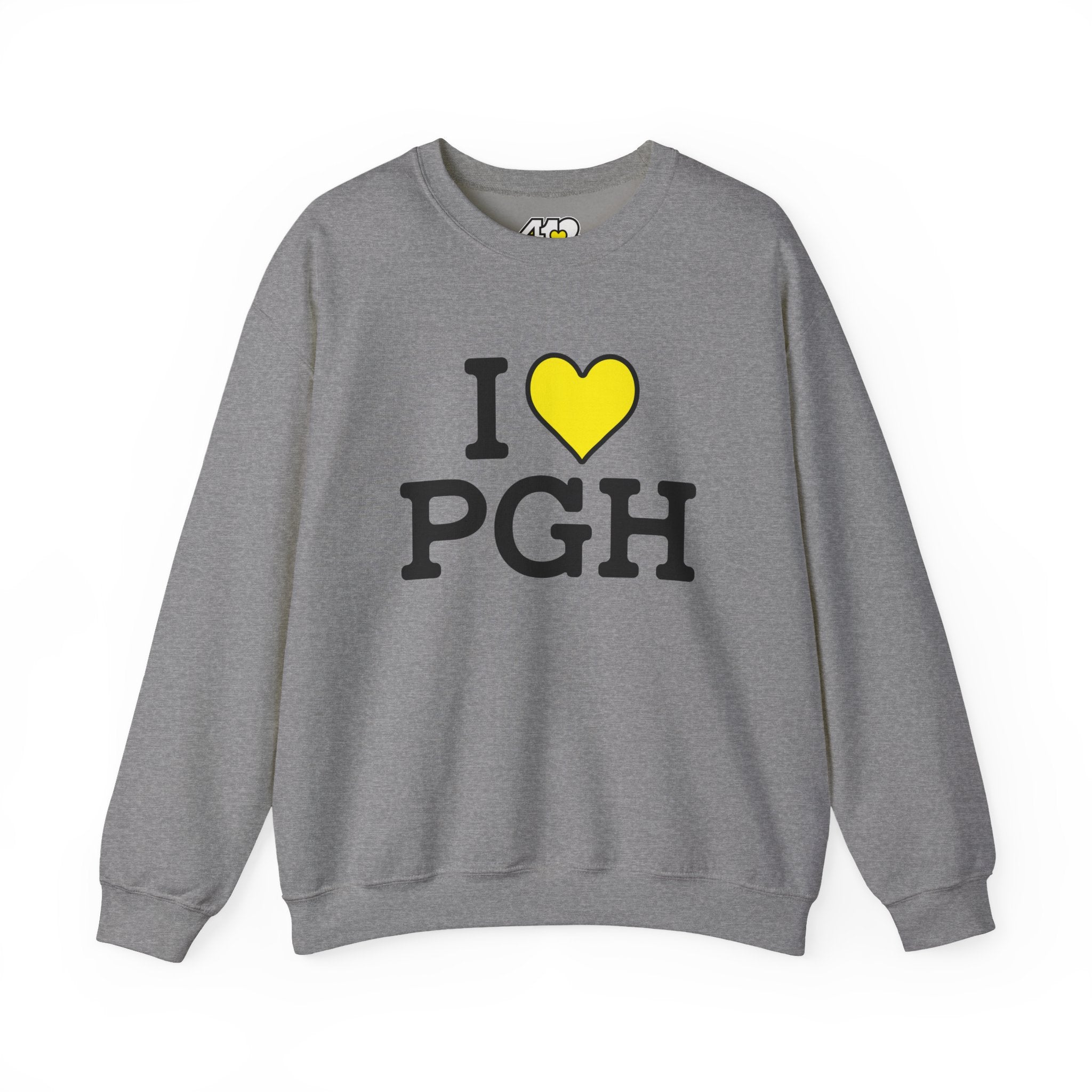 I Heart PGH Crewneck. Apparel Color: Graphite Heather. A blend of 50% cotton and 50% polyester for cozy durability. With an Elastic ribbed collar, and Double-needle stitching.