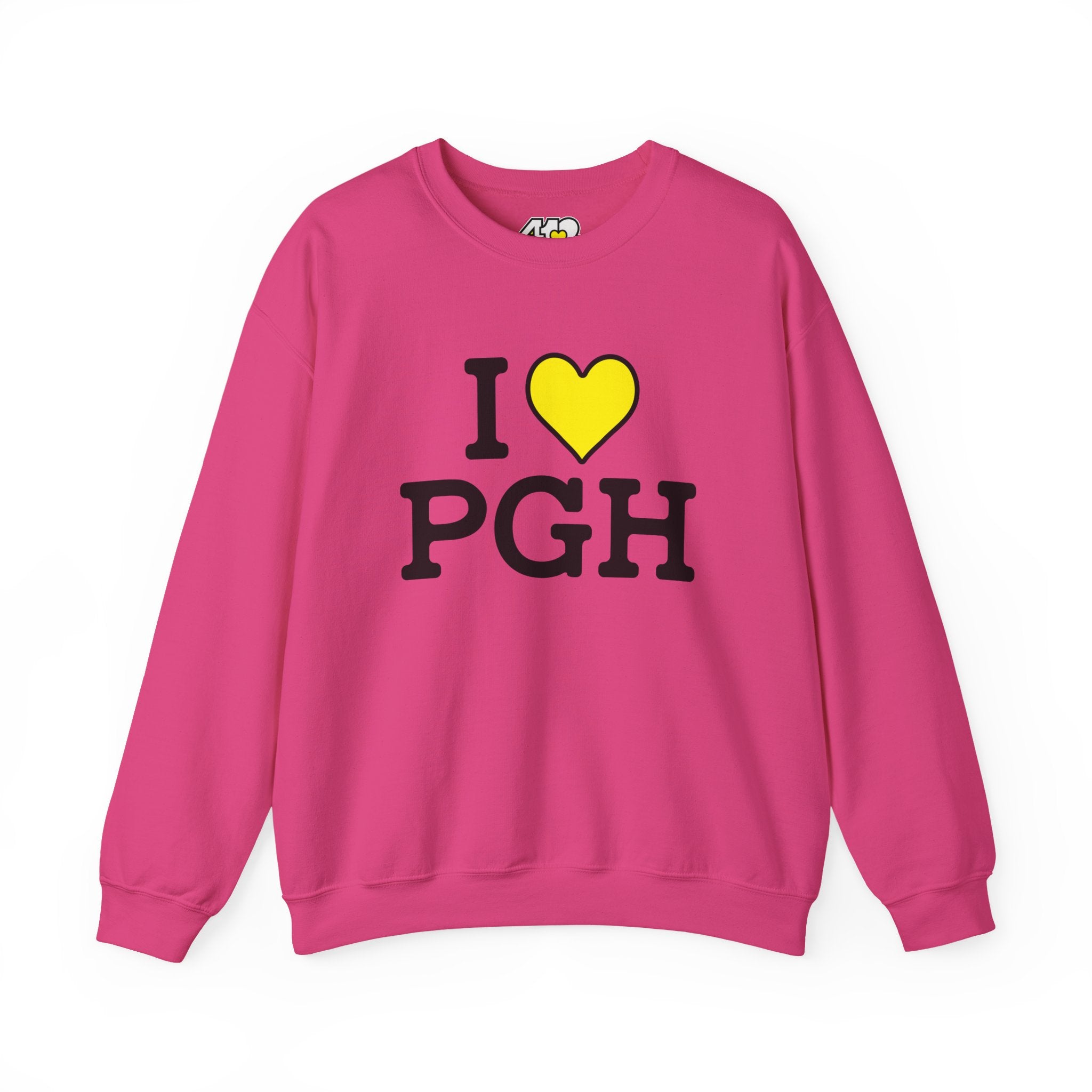 I Heart PGH Crewneck. Apparel Color: Heliconia. A blend of 50% cotton and 50% polyester for cozy durability. With an Elastic ribbed collar, and Double-needle stitching.