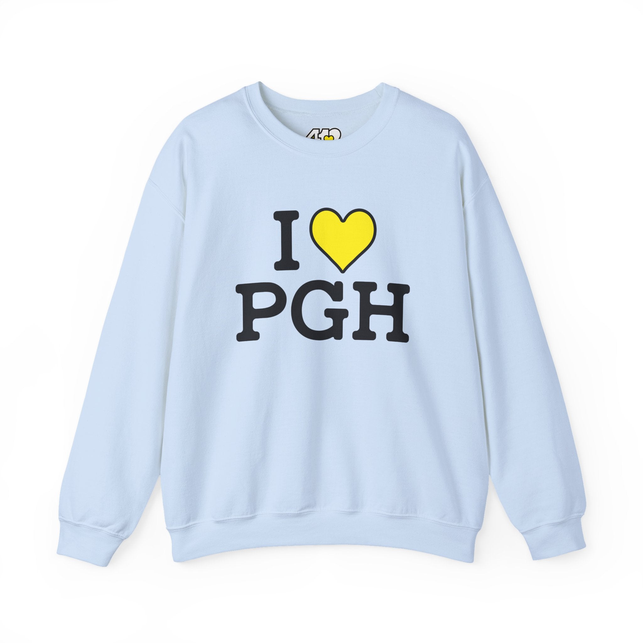 I Heart PGH Crewneck. Apparel Color: Light Blue. A blend of 50% cotton and 50% polyester for cozy durability. With an Elastic ribbed collar, and Double-needle stitching.