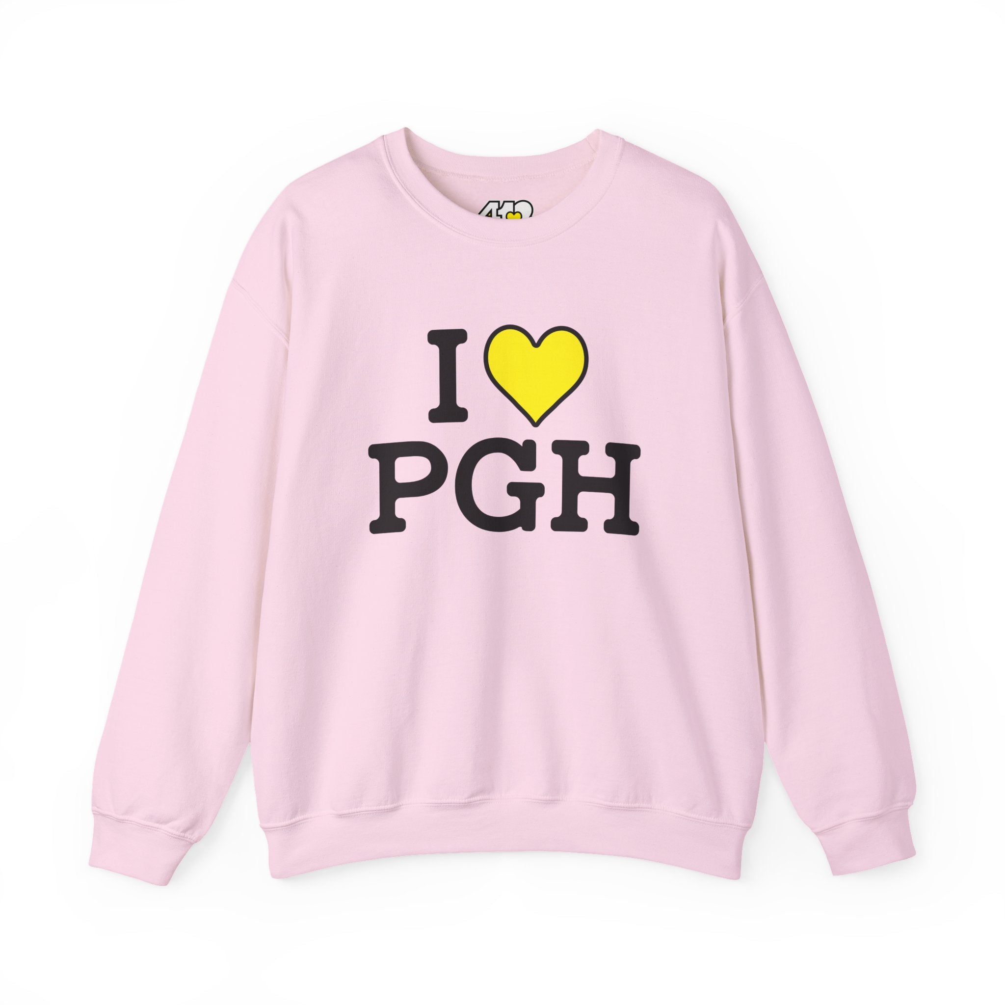 I Heart PGH Crewneck. Apparel Color: Light Pink. A blend of 50% cotton and 50% polyester for cozy durability. With an Elastic ribbed collar, and Double-needle stitching.