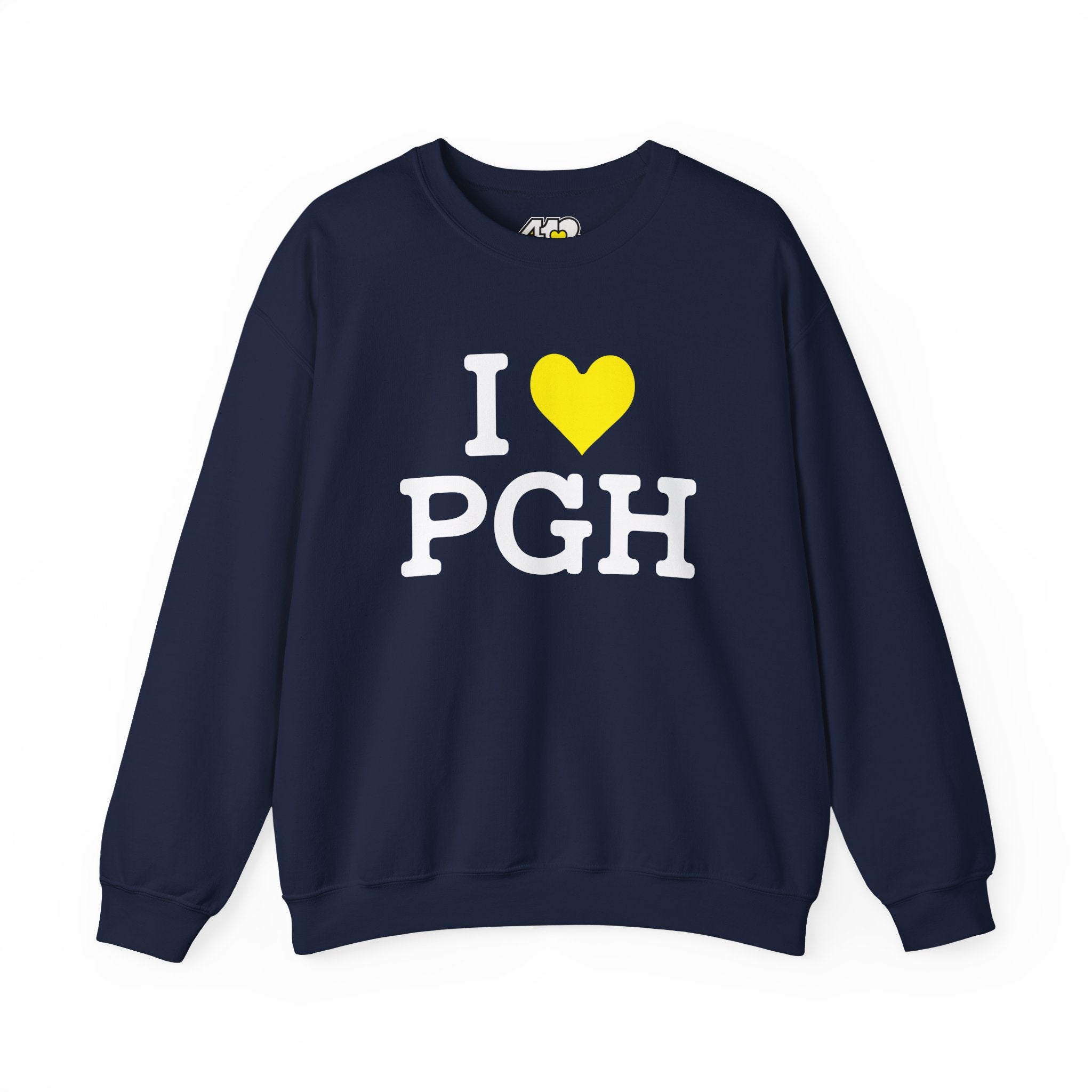 I Heart PGH Crewneck. Apparel Color: Navy. A blend of 50% cotton and 50% polyester for cozy durability. With an Elastic ribbed collar, and Double-needle stitching.