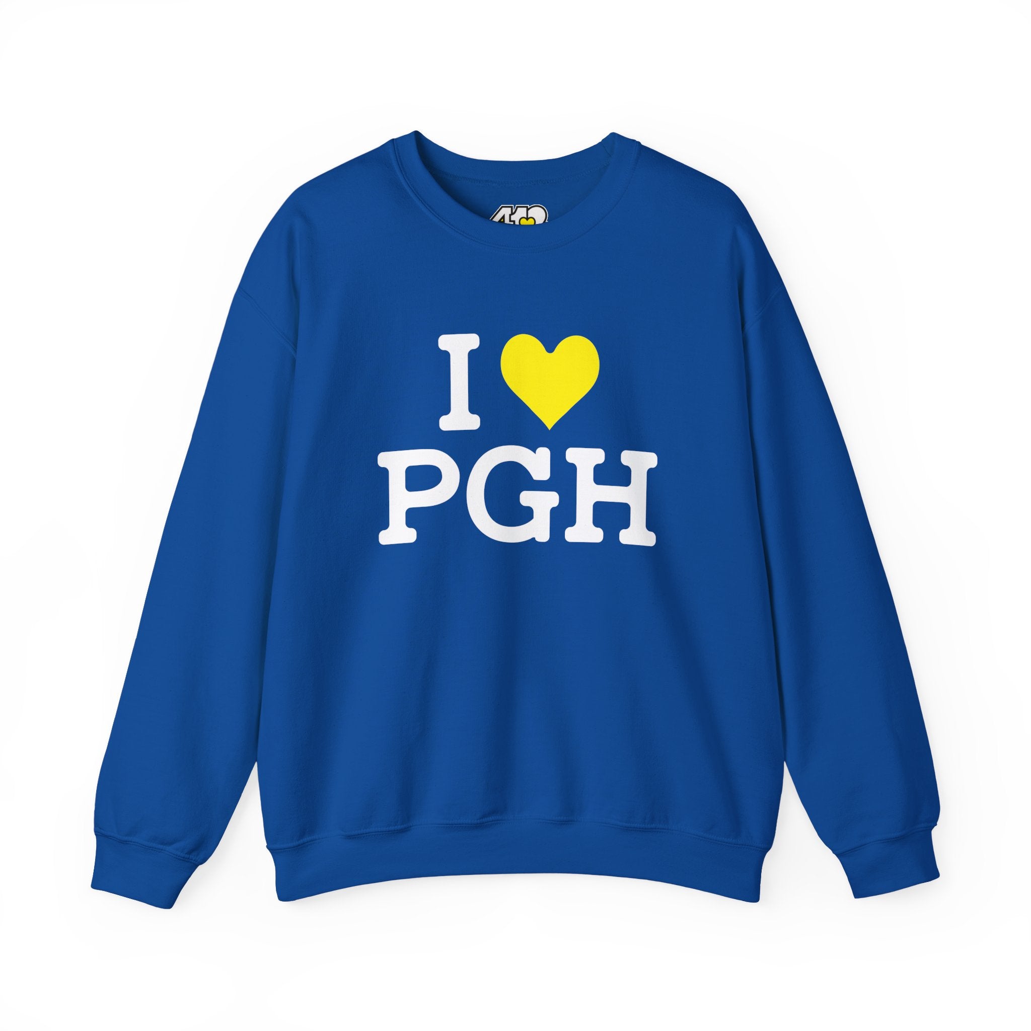 I Heart PGH Crewneck. Apparel Color: Royal. A blend of 50% cotton and 50% polyester for cozy durability. With an Elastic ribbed collar, and Double-needle stitching.