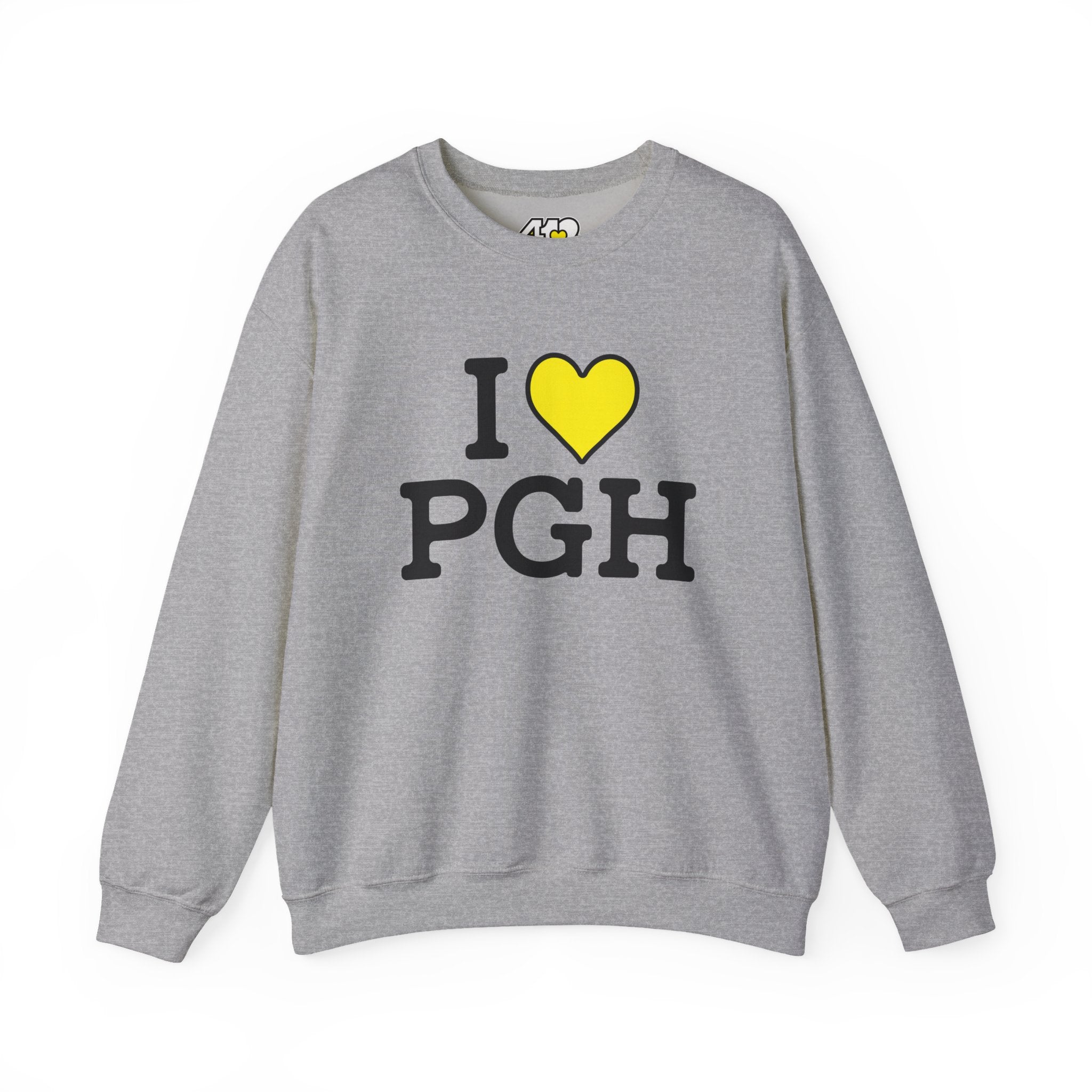 I Heart PGH Crewneck. Apparel Color: Sport Grey. A blend of 50% cotton and 50% polyester for cozy durability. With an Elastic ribbed collar, and Double-needle stitching.