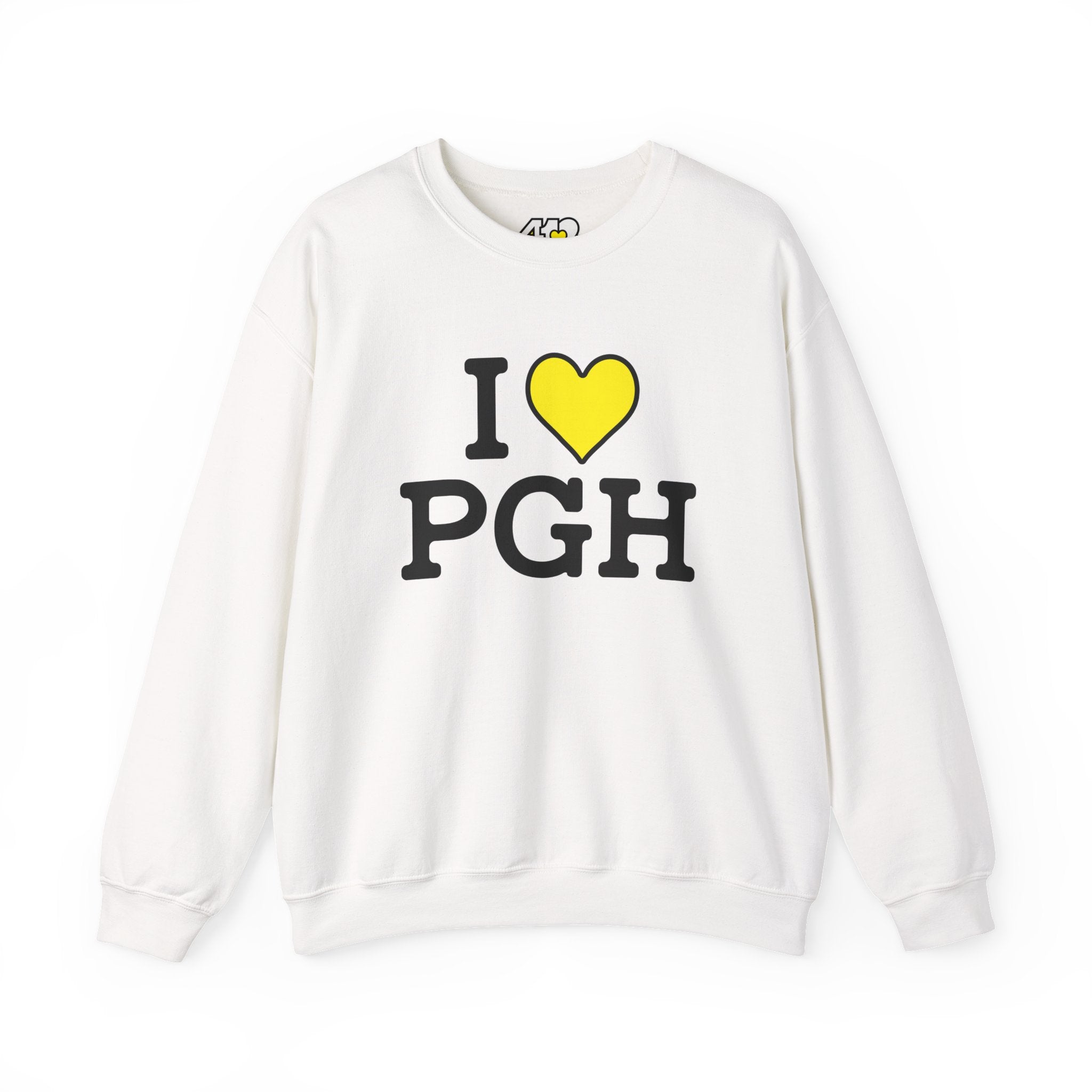 I Heart PGH Crewneck. Apparel Color: White. A blend of 50% cotton and 50% polyester for cozy durability. With an Elastic ribbed collar, and Double-needle stitching.