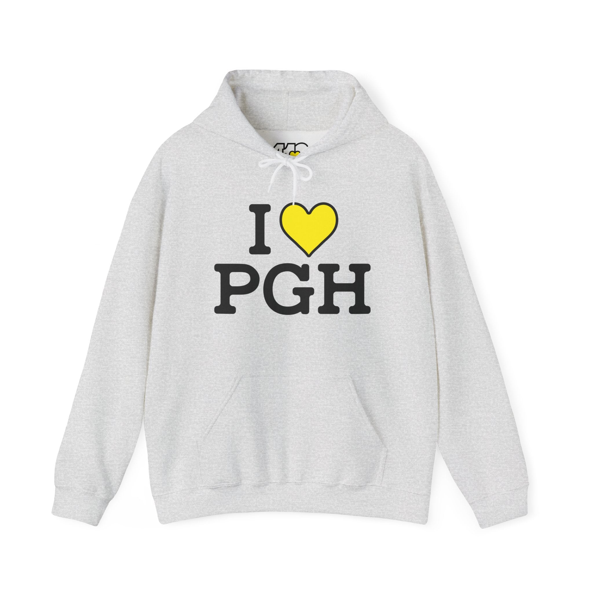 I Heart PGH Hoodie. Apparel Color: Ash. 50/50 cotton-poly blend, cozy fit, kangaroo pocket, adjustable drawstring hood.