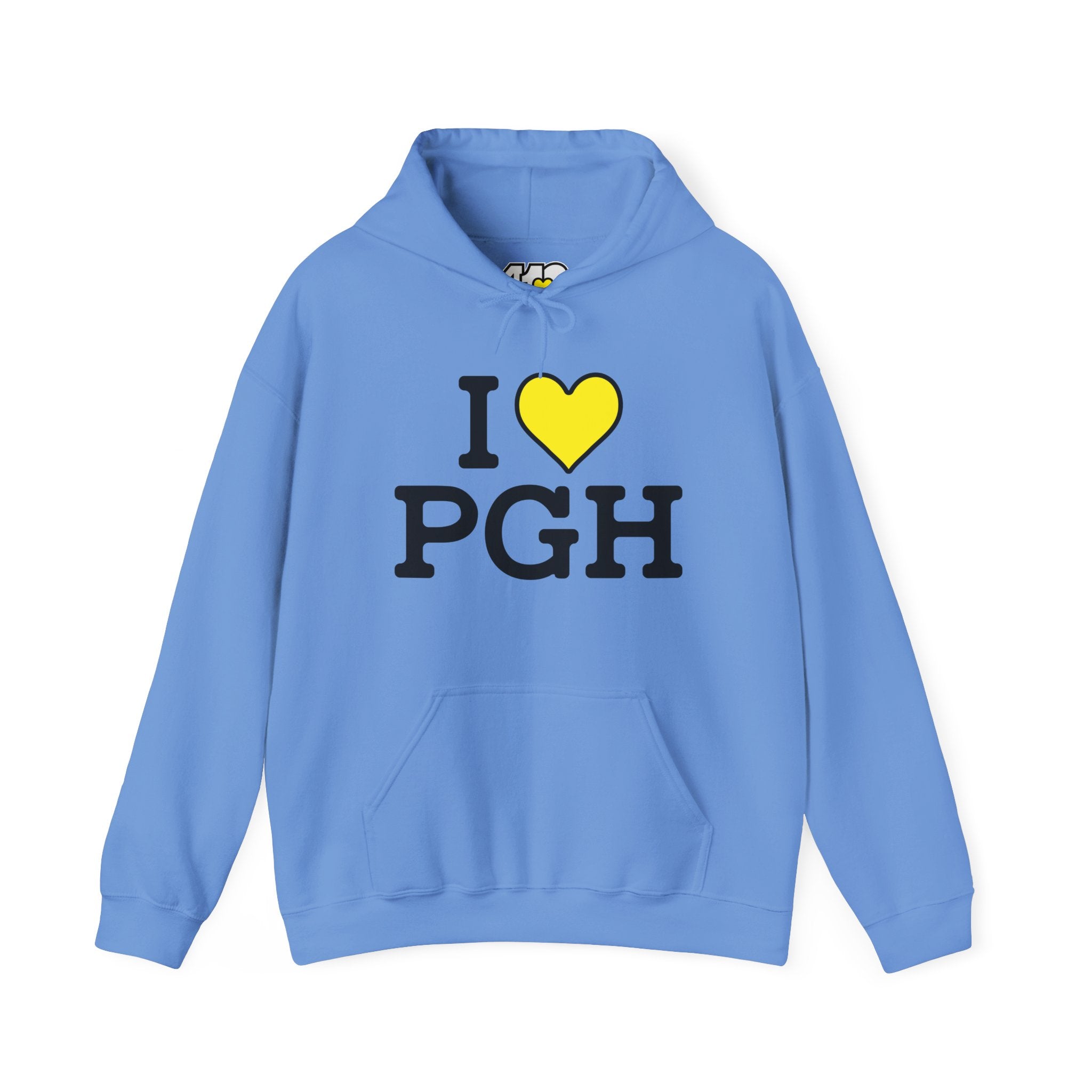 I Heart PGH Hoodie. Apparel Color: Carolina Blue. 50/50 cotton-poly blend, cozy fit, kangaroo pocket, adjustable drawstring hood.