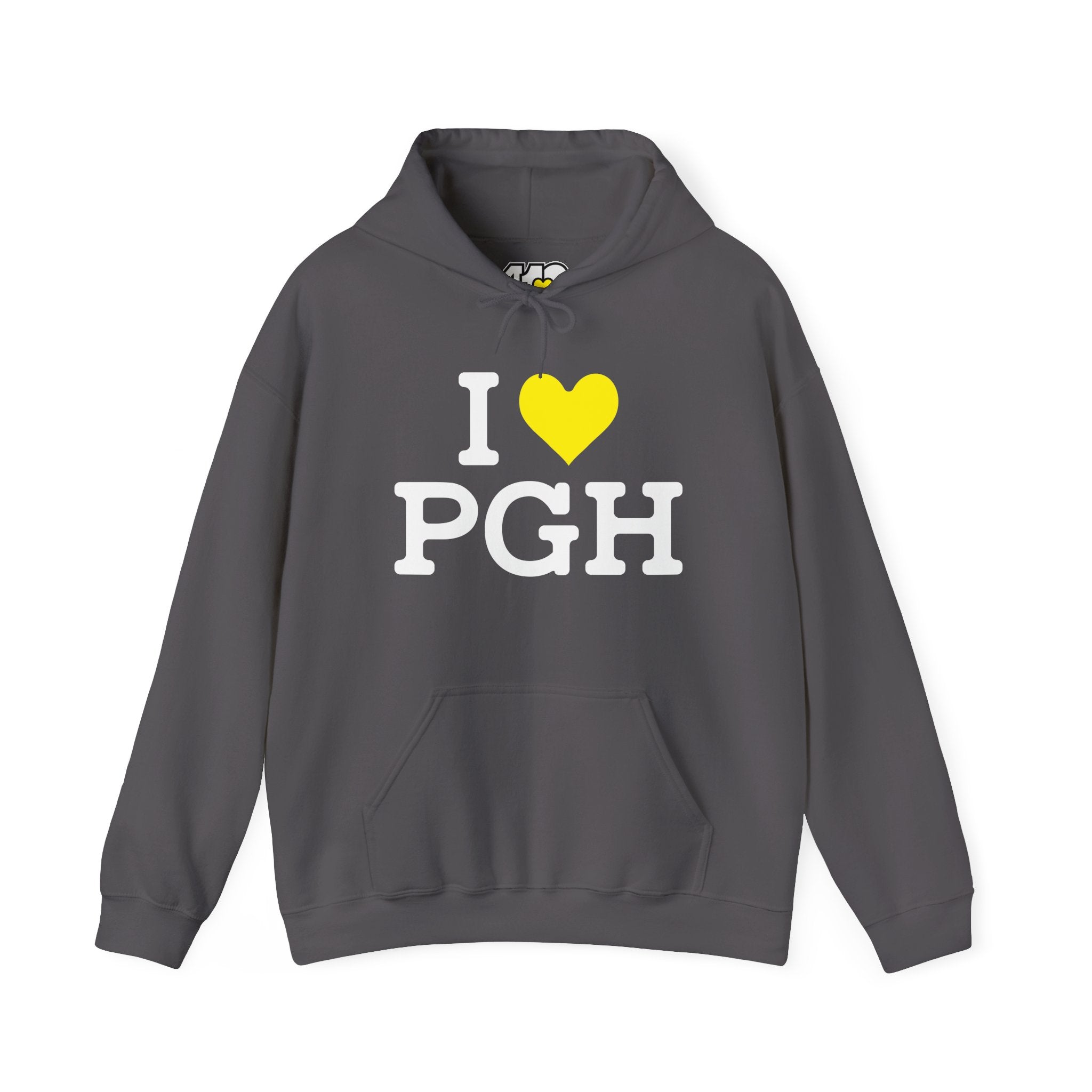 I Heart PGH Hoodie. Apparel Color: Charcoal. 50/50 cotton-poly blend, cozy fit, kangaroo pocket, adjustable drawstring hood.