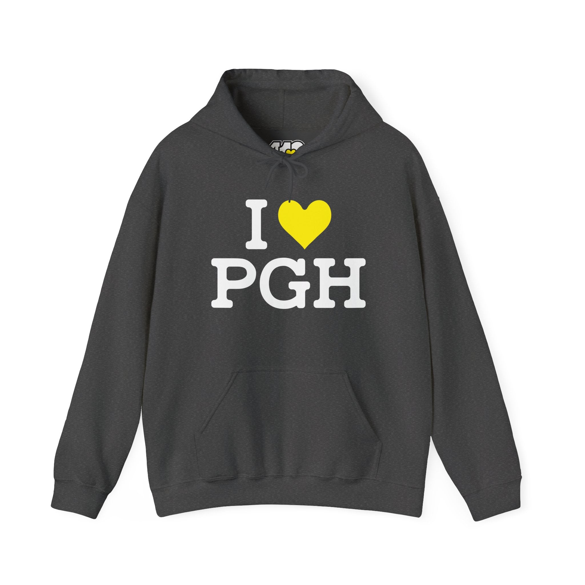 I Heart PGH Hoodie. Apparel Color: Dark Heather. 50/50 cotton-poly blend, cozy fit, kangaroo pocket, adjustable drawstring hood.