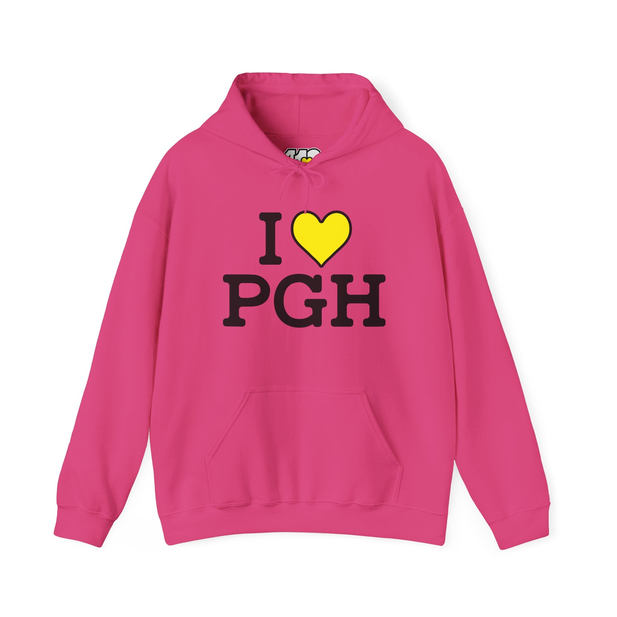 I Heart PGH Hoodie. Apparel Color: Heliconia. 50/50 cotton-poly blend, cozy fit, kangaroo pocket, adjustable drawstring hood.