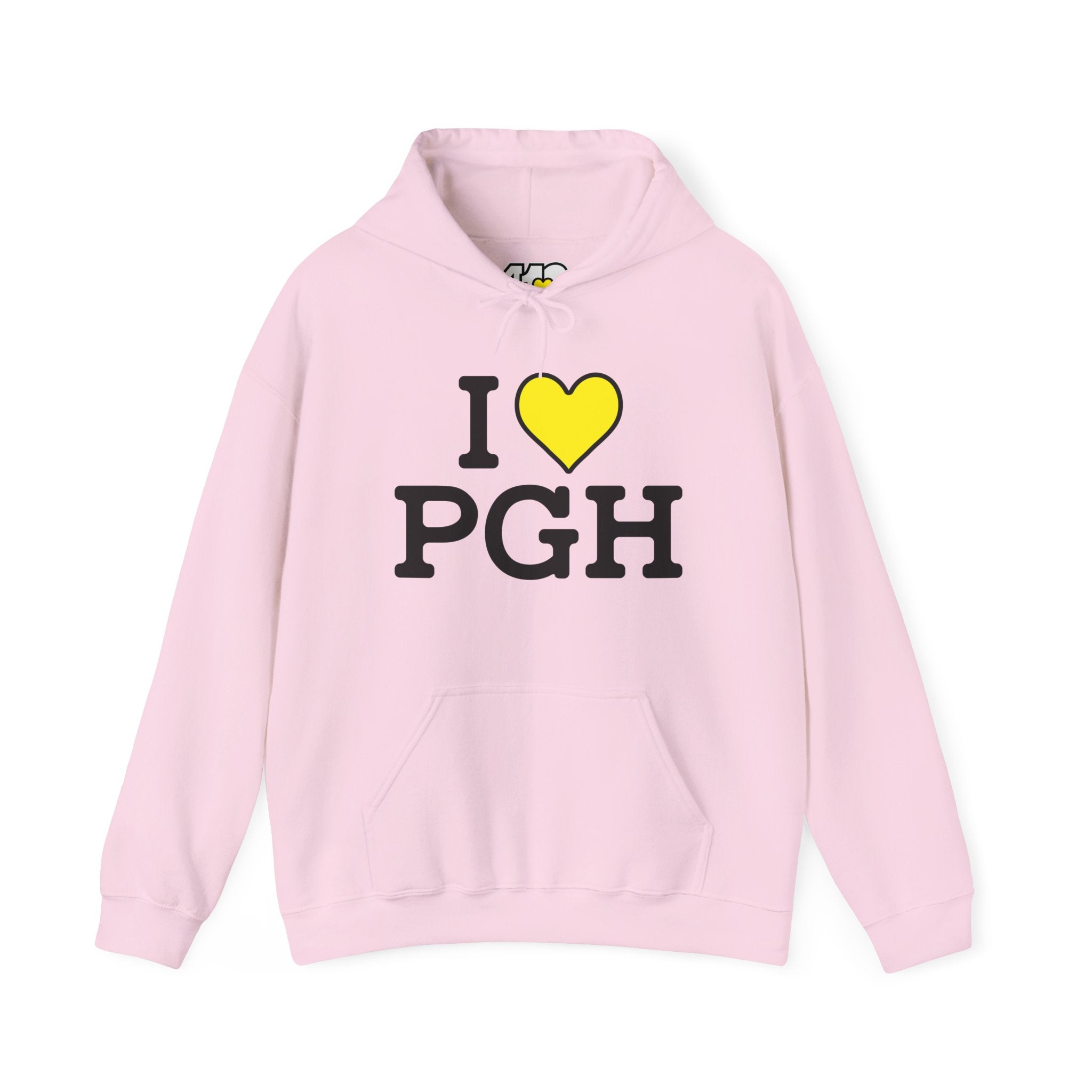 I Heart PGH Hoodie. Apparel Color: Light Pink. 50/50 cotton-poly blend, cozy fit, kangaroo pocket, adjustable drawstring hood.