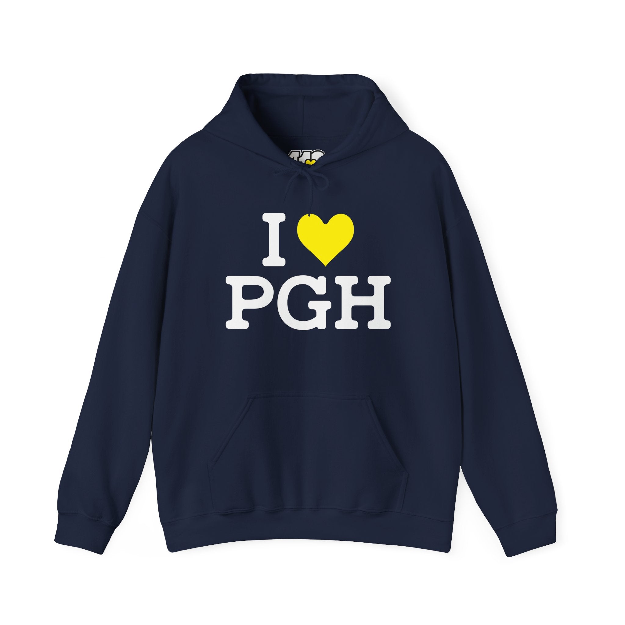 I Heart PGH Hoodie. Apparel Color: Navy. 50/50 cotton-poly blend, cozy fit, kangaroo pocket, adjustable drawstring hood.