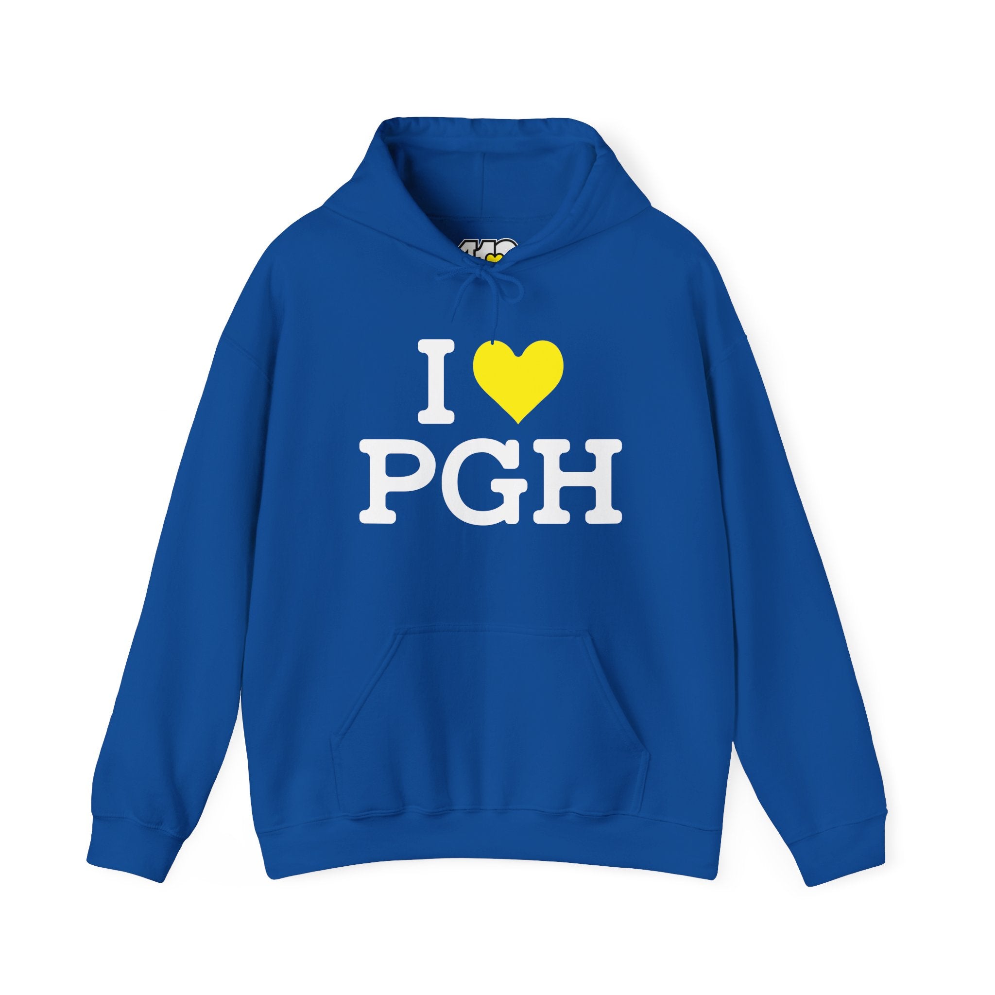 I Heart PGH Hoodie. Apparel Color: Royal. 50/50 cotton-poly blend, cozy fit, kangaroo pocket, adjustable drawstring hood.