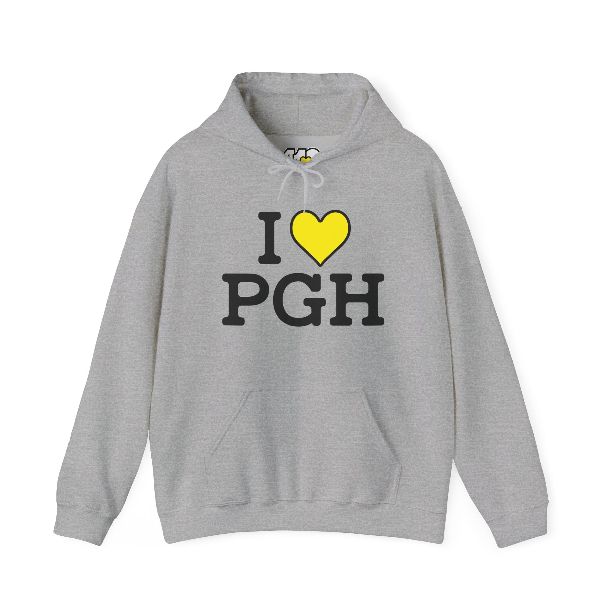 I Heart PGH Hoodie. Apparel Color: Sport Grey. 50/50 cotton-poly blend, cozy fit, kangaroo pocket, adjustable drawstring hood.