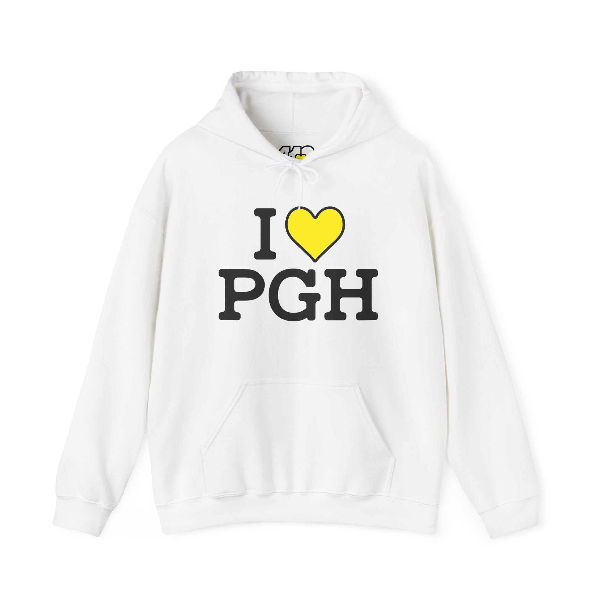 I Heart PGH Hoodie. Apparel Color: White. 50/50 cotton-poly blend, cozy fit, kangaroo pocket, adjustable drawstring hood.
