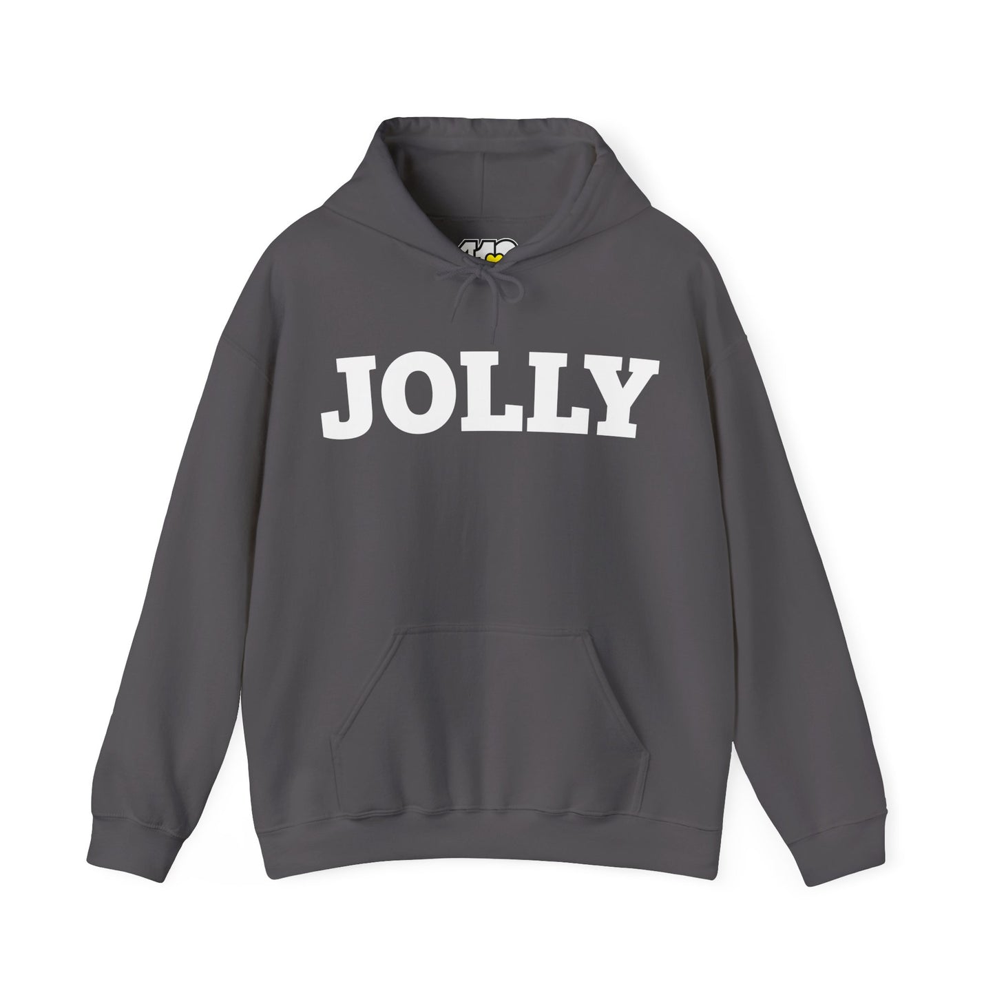 JOLLY Hoodie | Bold White Logo. Apparel Color: Charcoal. 50/50 cotton-poly blend, cozy fit, kangaroo pocket, adjustable drawstring hood.