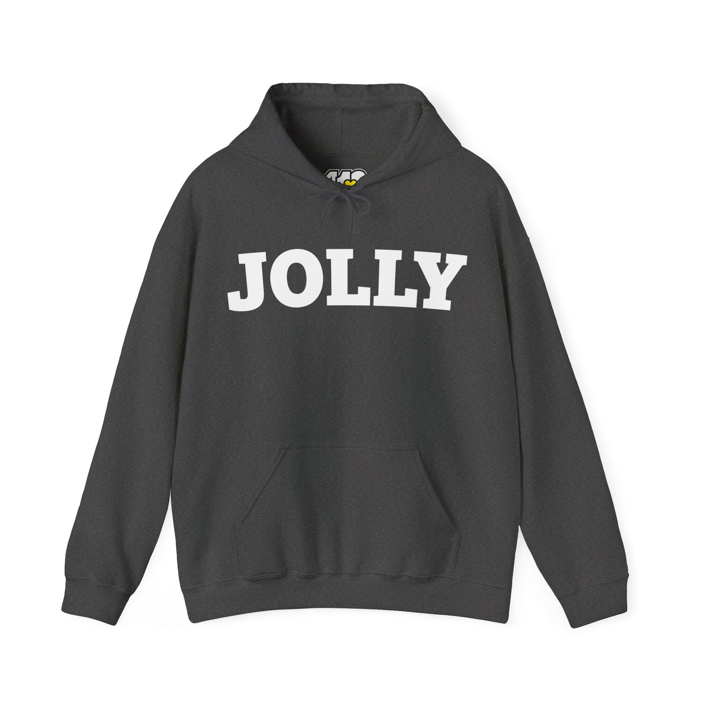 JOLLY Hoodie | Bold White Logo. Apparel Color: Dark Heather. 50/50 cotton-poly blend, cozy fit, kangaroo pocket, adjustable drawstring hood.