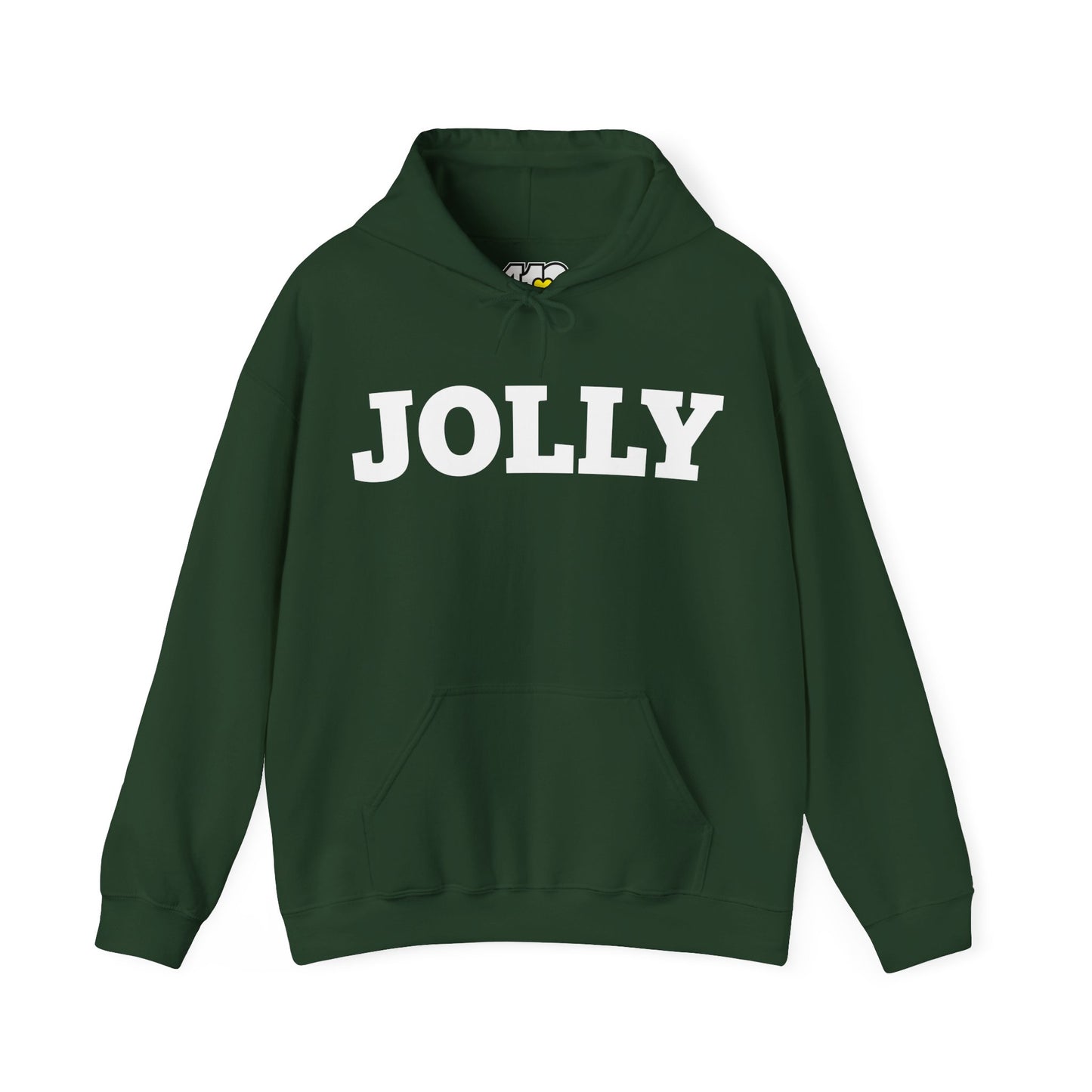 JOLLY Hoodie | Bold White Logo. Apparel Color: Forest Green. 50/50 cotton-poly blend, cozy fit, kangaroo pocket, adjustable drawstring hood.
