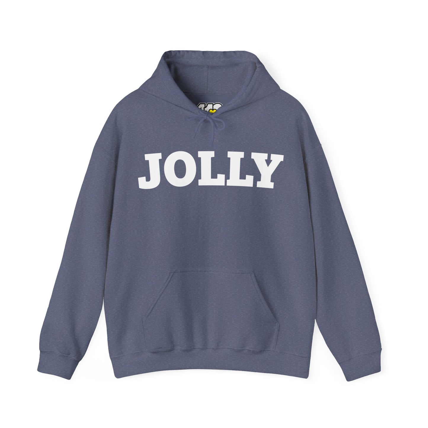 JOLLY Hoodie | Bold White Logo. Apparel Color: Heather Navy. 50/50 cotton-poly blend, cozy fit, kangaroo pocket, adjustable drawstring hood.