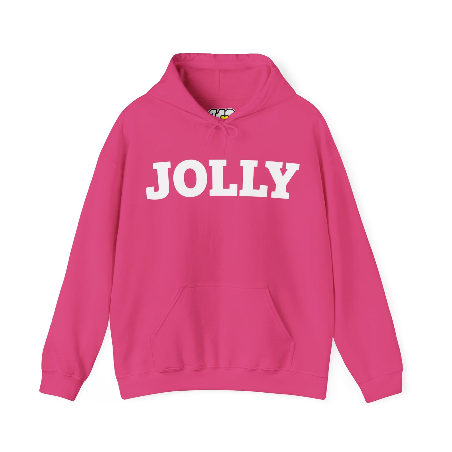 JOLLY Hoodie | Bold White Logo. Apparel Color: Heliconia. 50/50 cotton-poly blend, cozy fit, kangaroo pocket, adjustable drawstring hood.