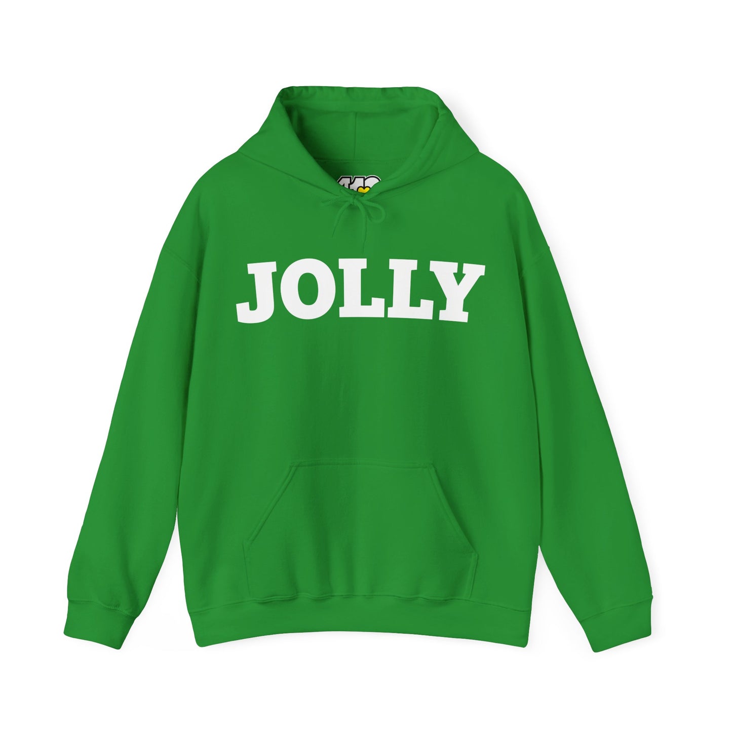 JOLLY Hoodie | Bold White Logo. Apparel Color: Irish Green. 50/50 cotton-poly blend, cozy fit, kangaroo pocket, adjustable drawstring hood.
