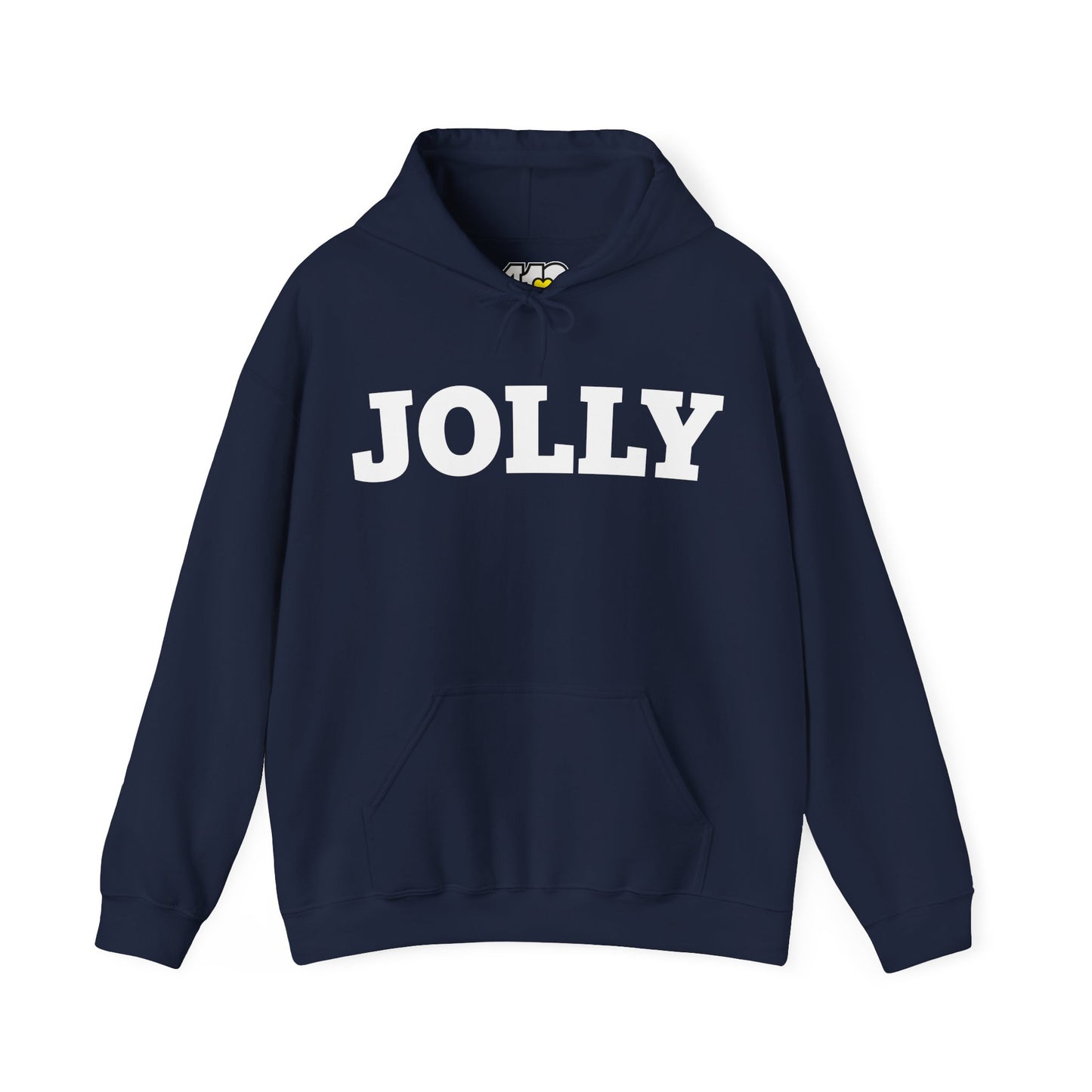 JOLLY Hoodie | Bold White Logo. Apparel Color: Navy. 50/50 cotton-poly blend, cozy fit, kangaroo pocket, adjustable drawstring hood.