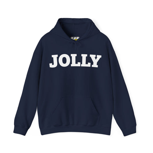 JOLLY Hoodie | Bold White Logo. Apparel Color: Navy. 50/50 cotton-poly blend, cozy fit, kangaroo pocket, adjustable drawstring hood.