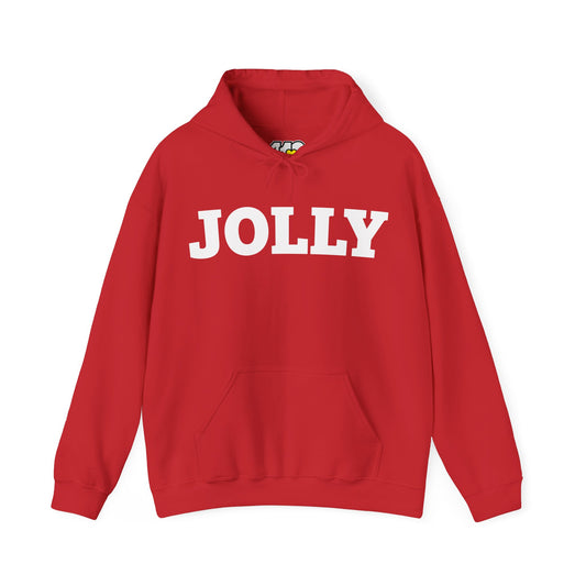 JOLLY Hoodie | Bold White Logo. Apparel Color: Red. 50/50 cotton-poly blend, cozy fit, kangaroo pocket, adjustable drawstring hood.