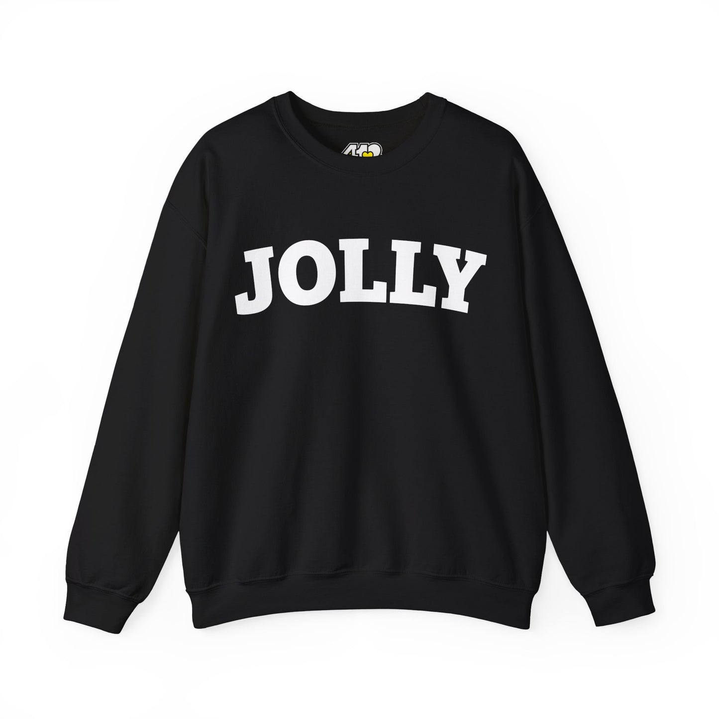 JOLLY Sweatshirt | Bold White Logo. Apparel Color: Black. A blend of 50% cotton and 50% polyester for cozy durability. With an Elastic ribbed collar, and Double-needle stitching.