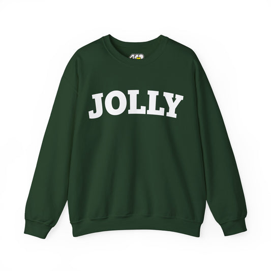 JOLLY Sweatshirt | Bold White Logo. Apparel Color: Forest Green. A blend of 50% cotton and 50% polyester for cozy durability. With an Elastic ribbed collar, and Double-needle stitching.