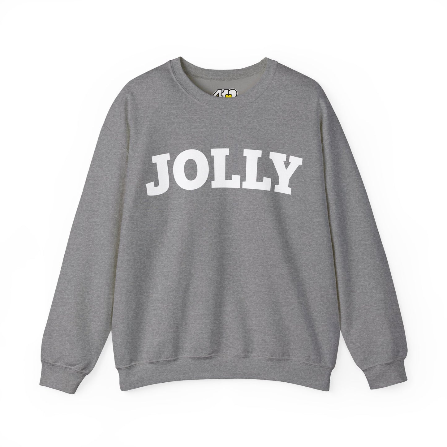 JOLLY Sweatshirt | Bold White Logo. Apparel Color: Graphite Heather. A blend of 50% cotton and 50% polyester for cozy durability. With an Elastic ribbed collar, and Double-needle stitching.