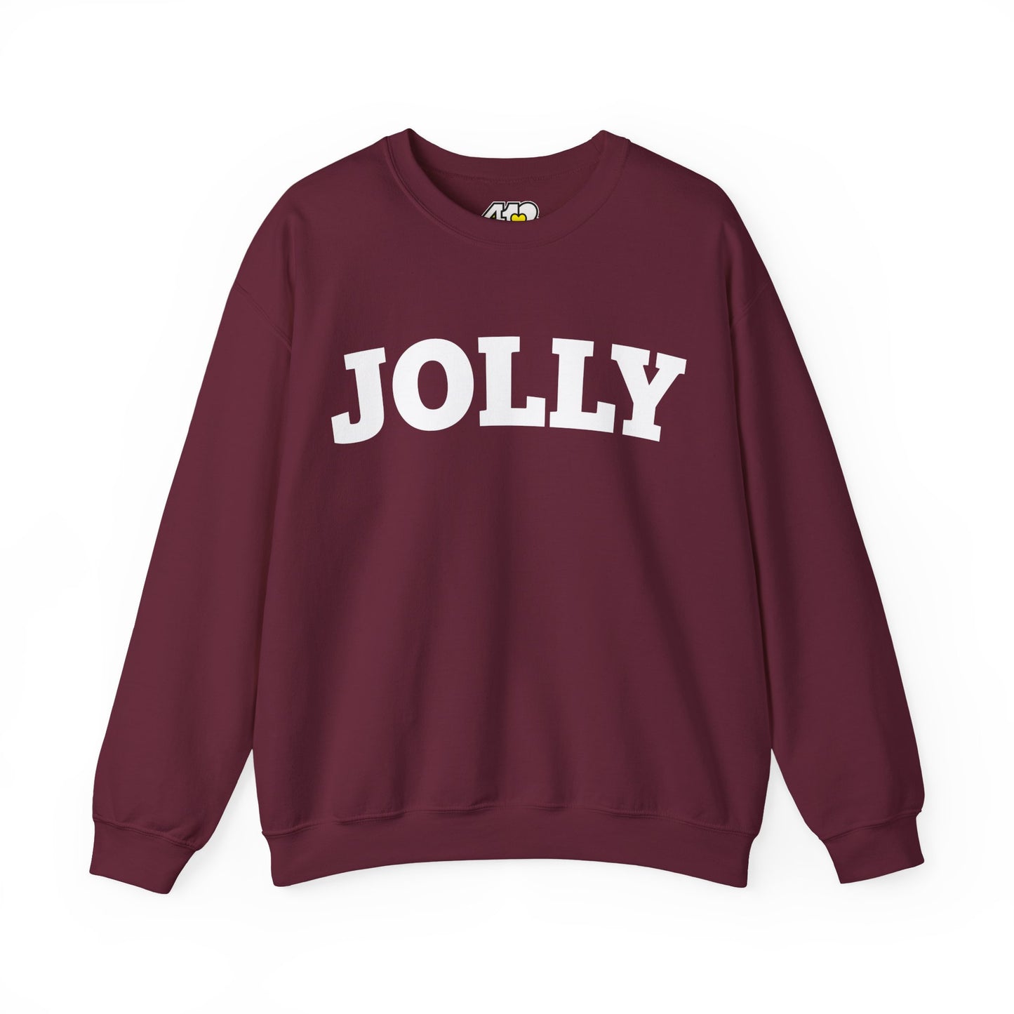 JOLLY Sweatshirt | Bold White Logo. Apparel Color: Maroon. A blend of 50% cotton and 50% polyester for cozy durability. With an Elastic ribbed collar, and Double-needle stitching.