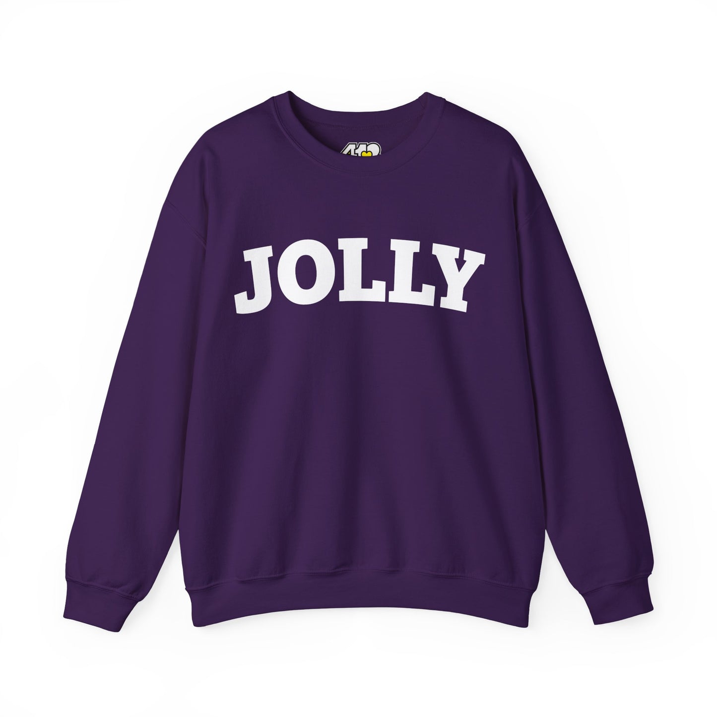 JOLLY Sweatshirt | Bold White Logo. Apparel Color: Purple. A blend of 50% cotton and 50% polyester for cozy durability. With an Elastic ribbed collar, and Double-needle stitching.