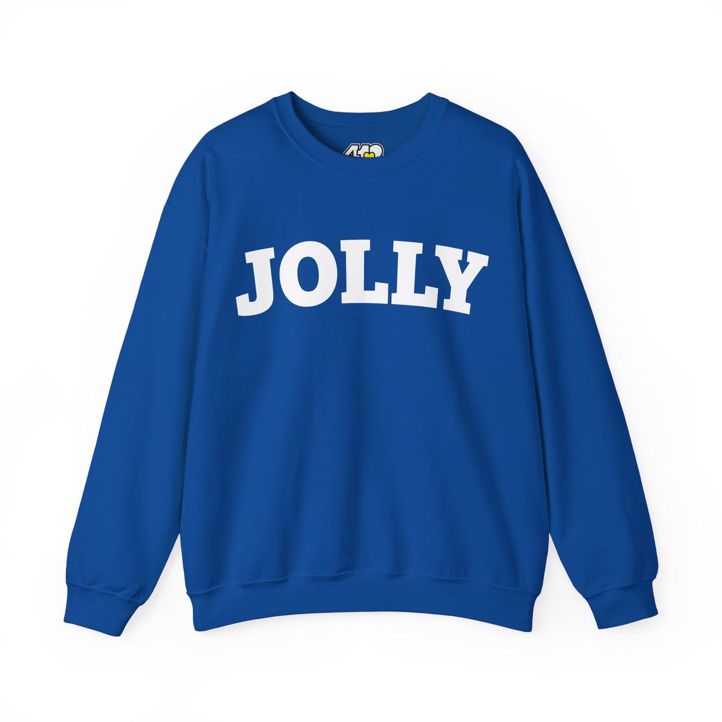 JOLLY Sweatshirt | Bold White Logo. Apparel Color: Royal. A blend of 50% cotton and 50% polyester for cozy durability. With an Elastic ribbed collar, and Double-needle stitching.