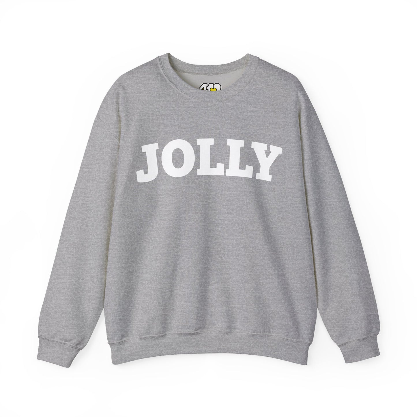 JOLLY Sweatshirt | Bold White Logo. Apparel Color: Sport Grey. A blend of 50% cotton and 50% polyester for cozy durability. With an Elastic ribbed collar, and Double-needle stitching.