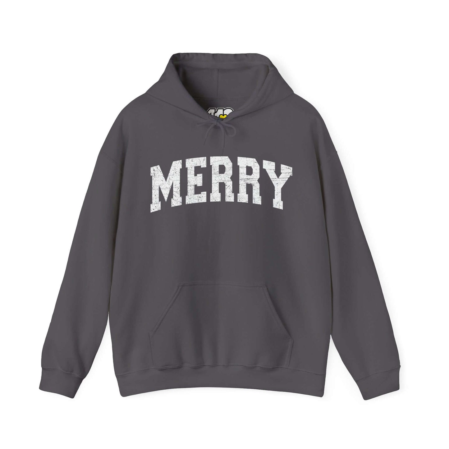 MERRY Hoodie | White Logo Apparel Color: Charcoal. 50/50 cotton-poly blend, cozy fit, kangaroo pocket, adjustable drawstring hood.