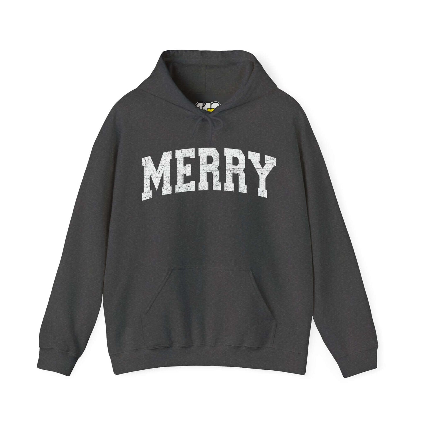 MERRY Hoodie | White Logo Apparel Color: Dark Heather. 50/50 cotton-poly blend, cozy fit, kangaroo pocket, adjustable drawstring hood.