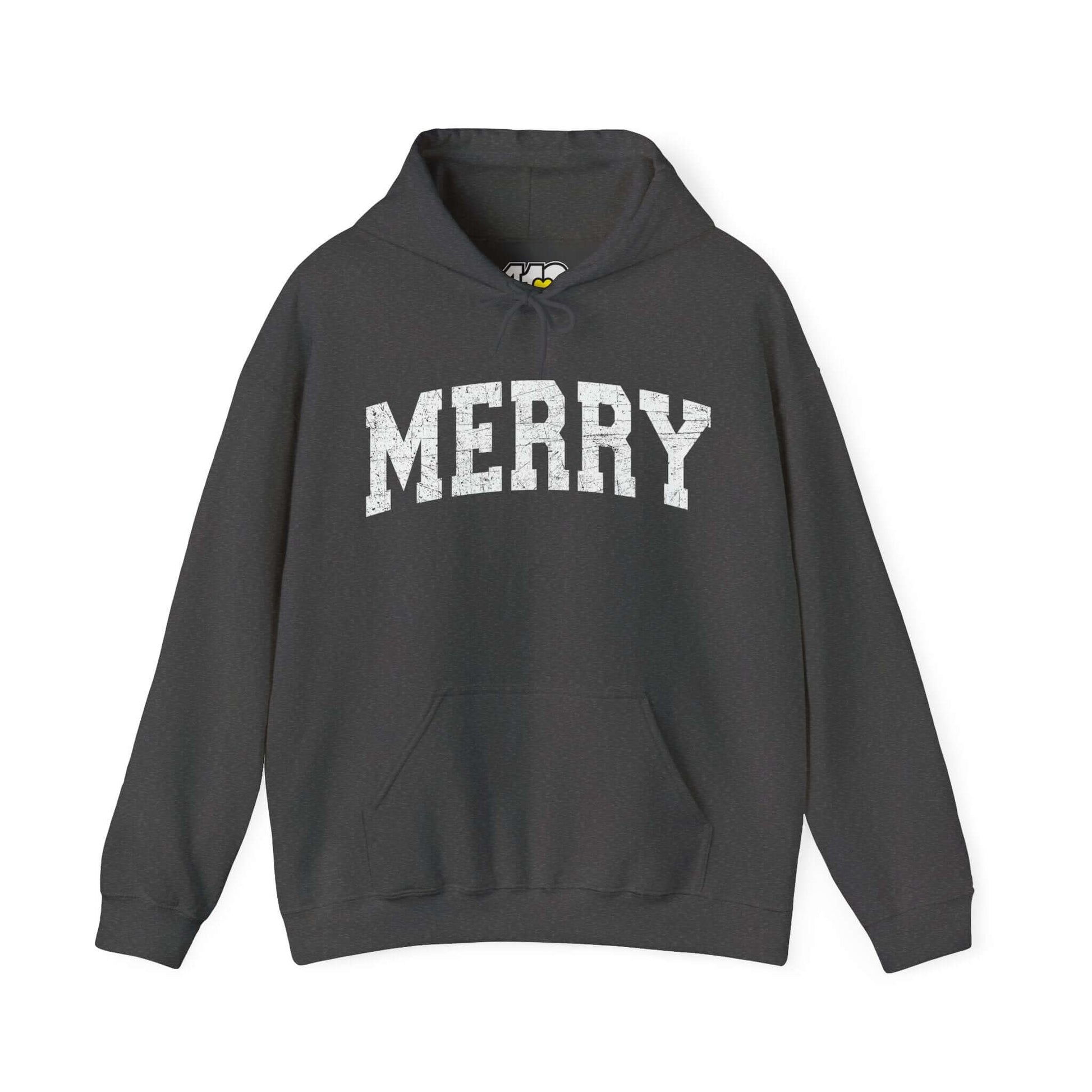 MERRY Hoodie | White Logo Apparel Color: Dark Heather. 50/50 cotton-poly blend, cozy fit, kangaroo pocket, adjustable drawstring hood.