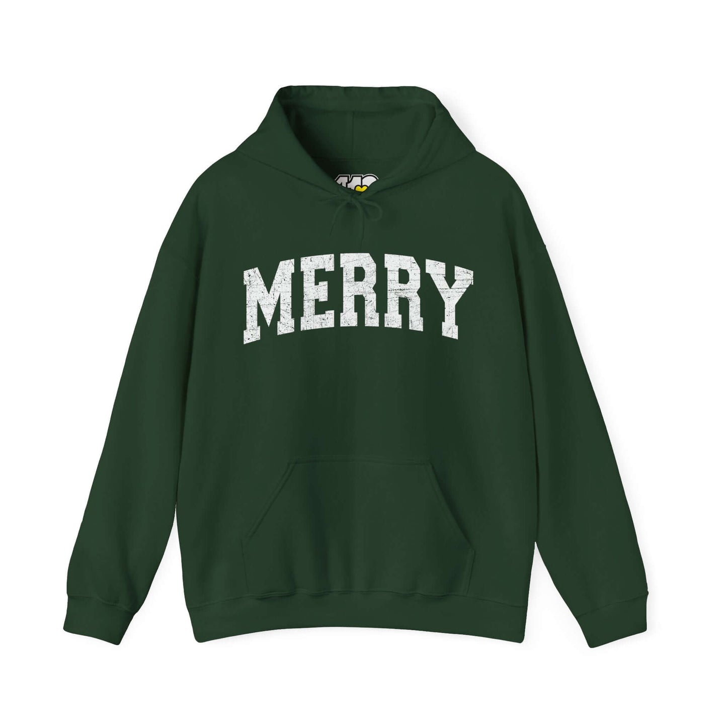 MERRY Hoodie | White Logo Apparel Color: Forest Green. 50/50 cotton-poly blend, cozy fit, kangaroo pocket, adjustable drawstring hood.