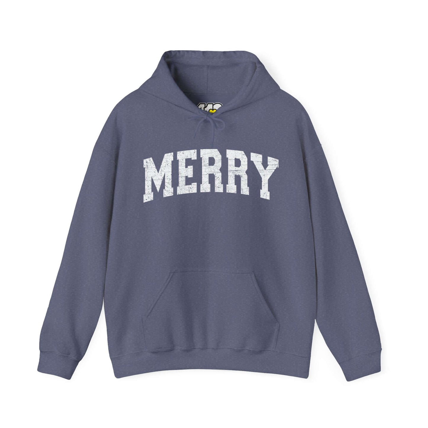 MERRY Hoodie | White Logo Apparel Color: Heather Navy. 50/50 cotton-poly blend, cozy fit, kangaroo pocket, adjustable drawstring hood.
