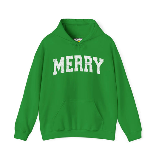 MERRY Hoodie | White Logo Apparel Color: Irish Green. 50/50 cotton-poly blend, cozy fit, kangaroo pocket, adjustable drawstring hood.