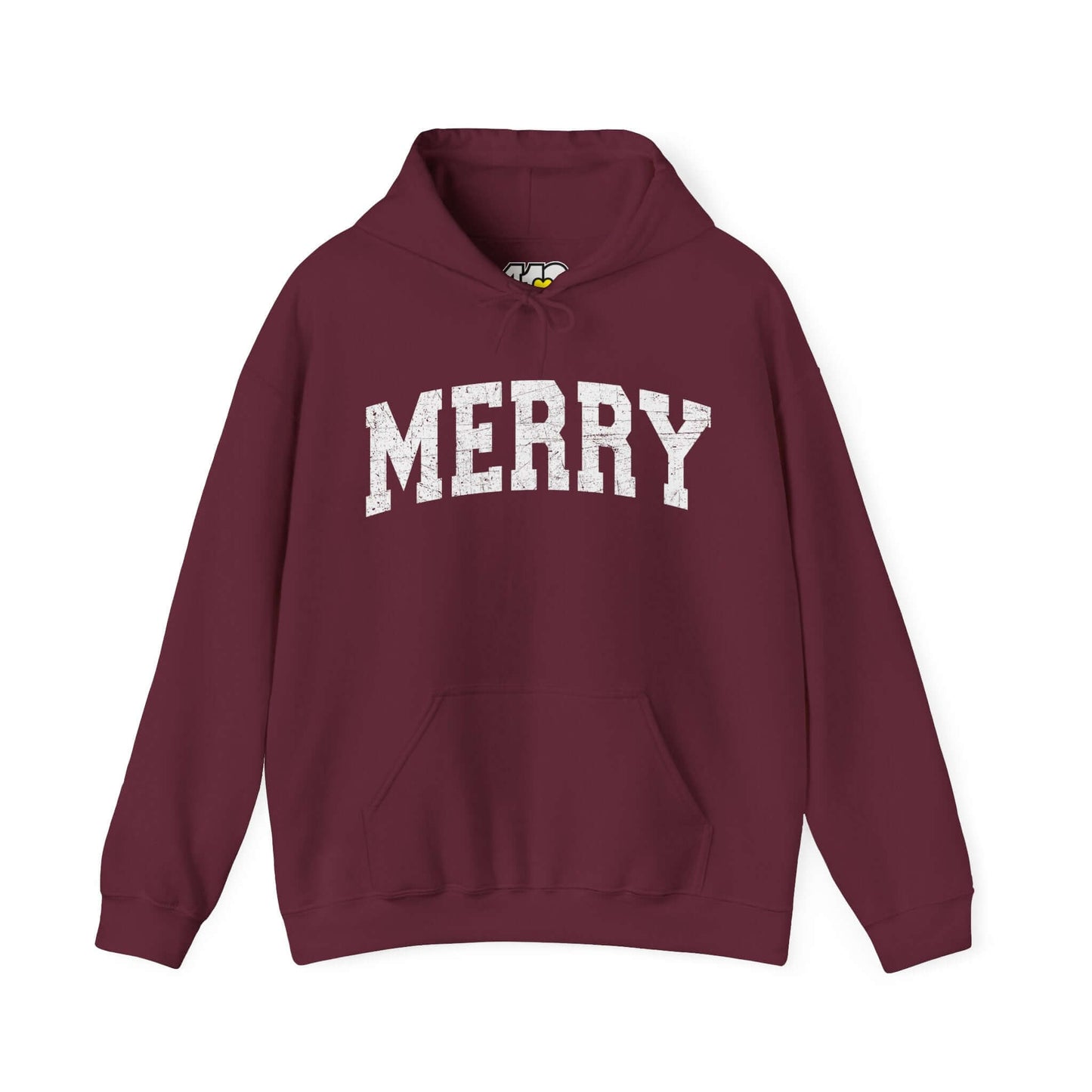 MERRY Hoodie | White Logo Apparel Color: Maroon. 50/50 cotton-poly blend, cozy fit, kangaroo pocket, adjustable drawstring hood.