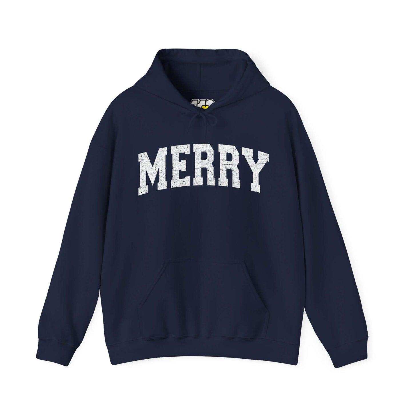 MERRY Hoodie | White Logo Apparel Color: Navy. 50/50 cotton-poly blend, cozy fit, kangaroo pocket, adjustable drawstring hood.