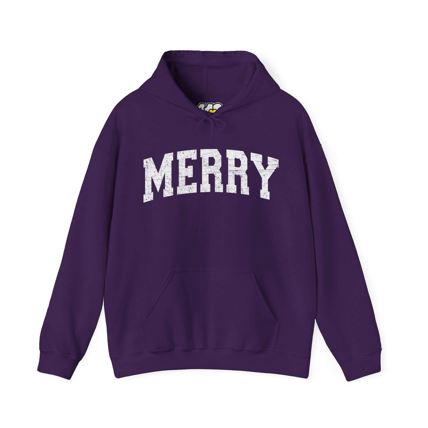MERRY Hoodie | White Logo Apparel Color: Purple. 50/50 cotton-poly blend, cozy fit, kangaroo pocket, adjustable drawstring hood.