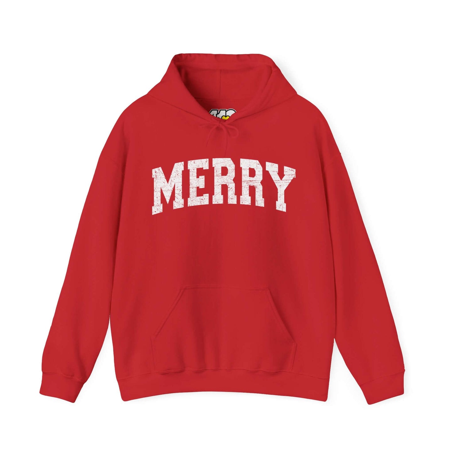 MERRY Hoodie | White Logo Apparel Color: Red. 50/50 cotton-poly blend, cozy fit, kangaroo pocket, adjustable drawstring hood.