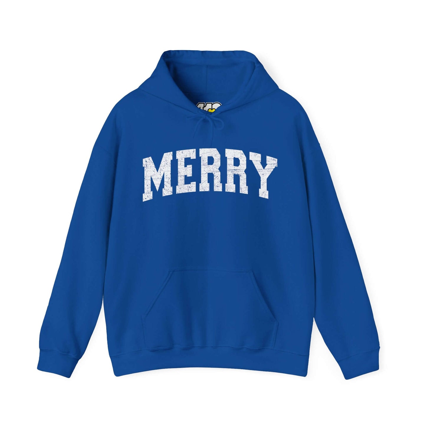 MERRY Hoodie | White Logo Apparel Color: Royal. 50/50 cotton-poly blend, cozy fit, kangaroo pocket, adjustable drawstring hood.