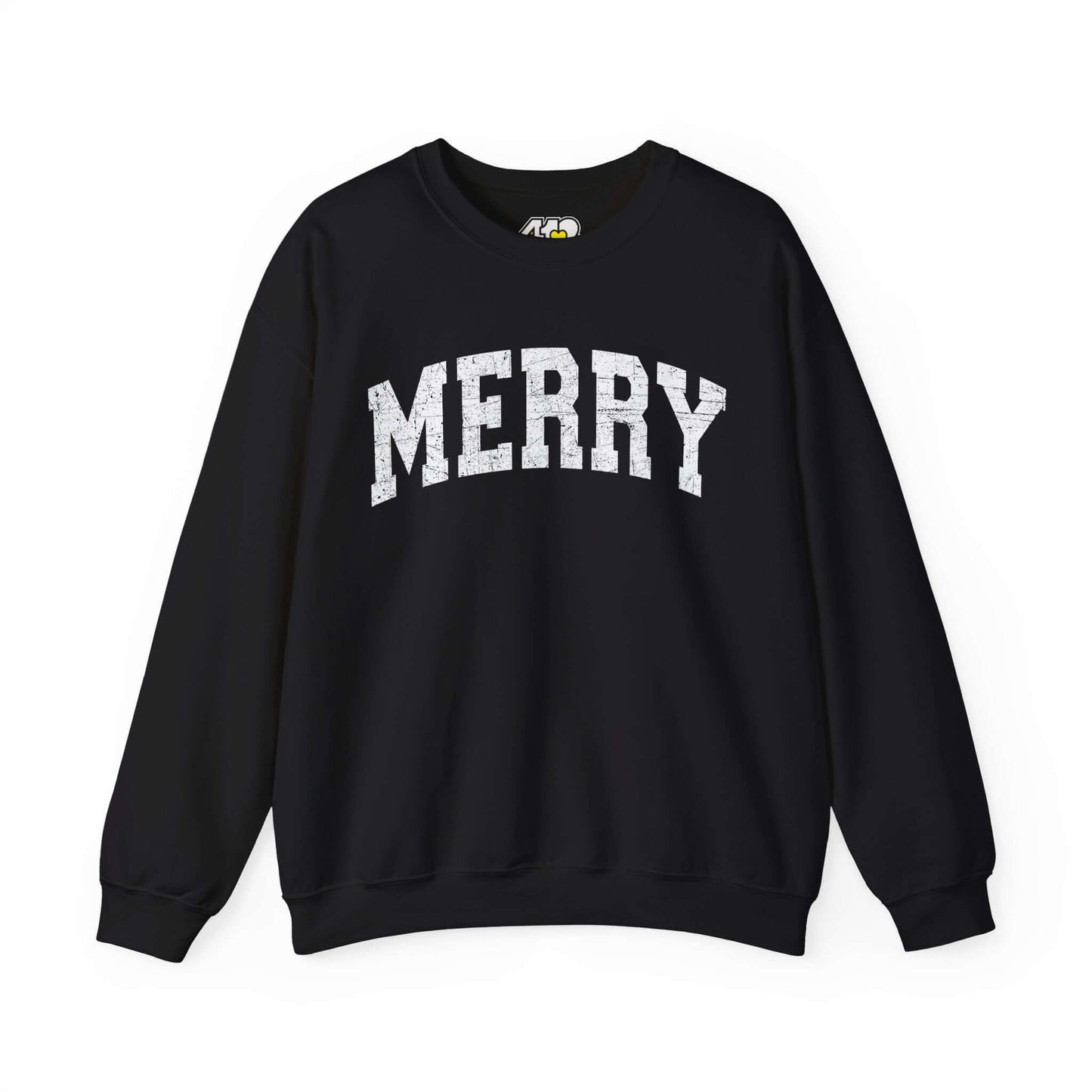 MERRY Sweatshirt | White Logo. Apparel Color: Black. A blend of 50% cotton and 50% polyester for cozy durability. With an Elastic ribbed collar, and Double-needle stitching.