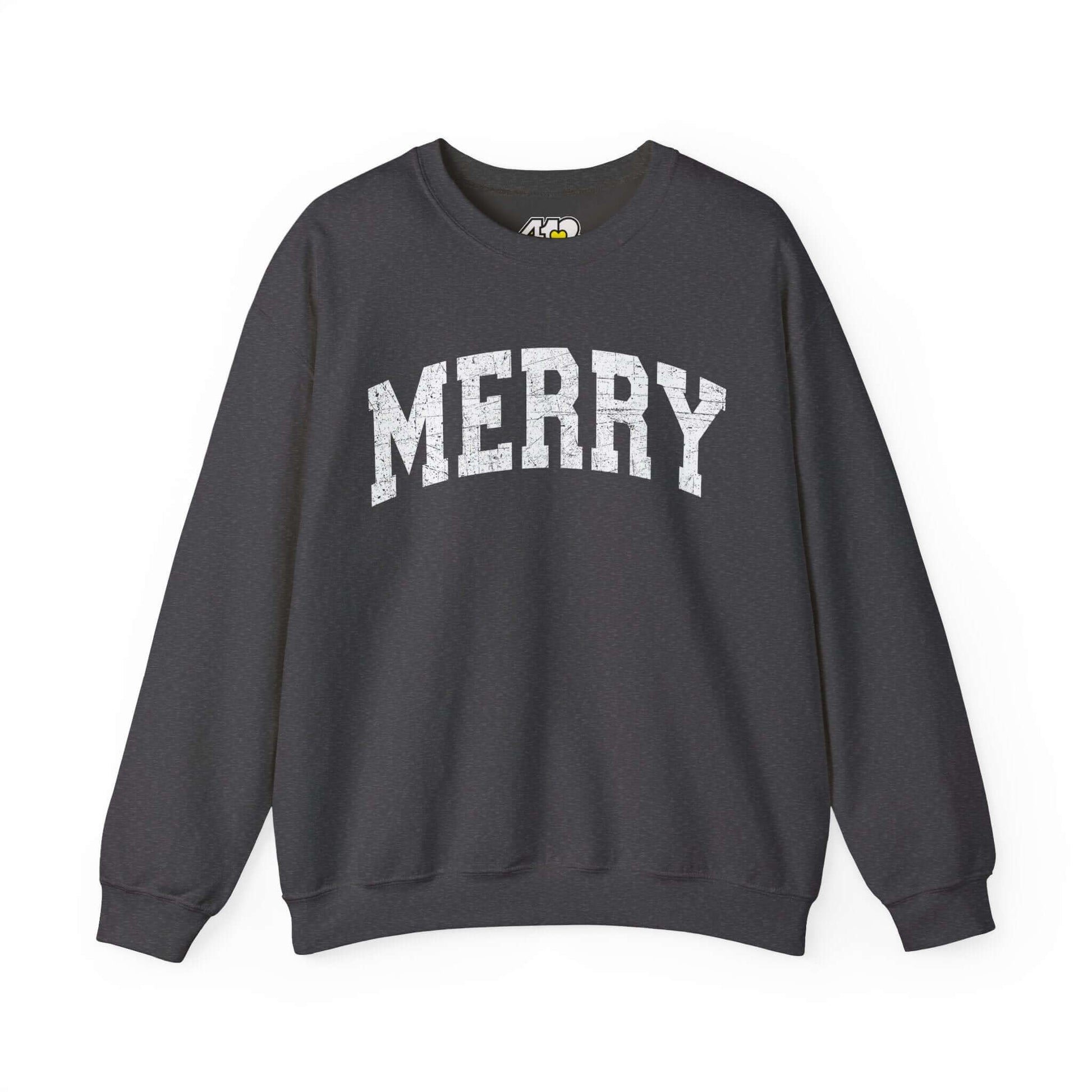 MERRY Sweatshirt | White Logo. Apparel Color: Dark Heather. A blend of 50% cotton and 50% polyester for cozy durability. With an Elastic ribbed collar, and Double-needle stitching.