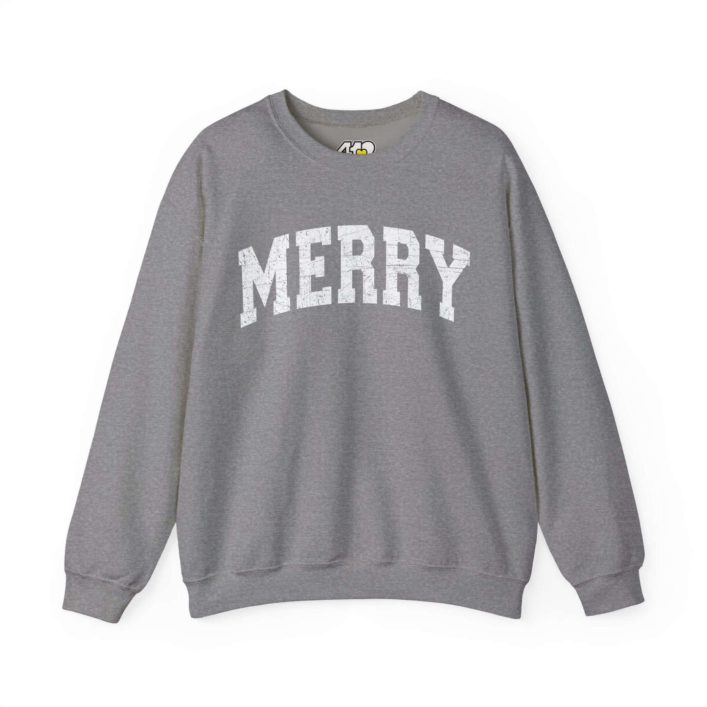 MERRY Sweatshirt | White Logo. Apparel Color: Graphite Heather. A blend of 50% cotton and 50% polyester for cozy durability. With an Elastic ribbed collar, and Double-needle stitching.